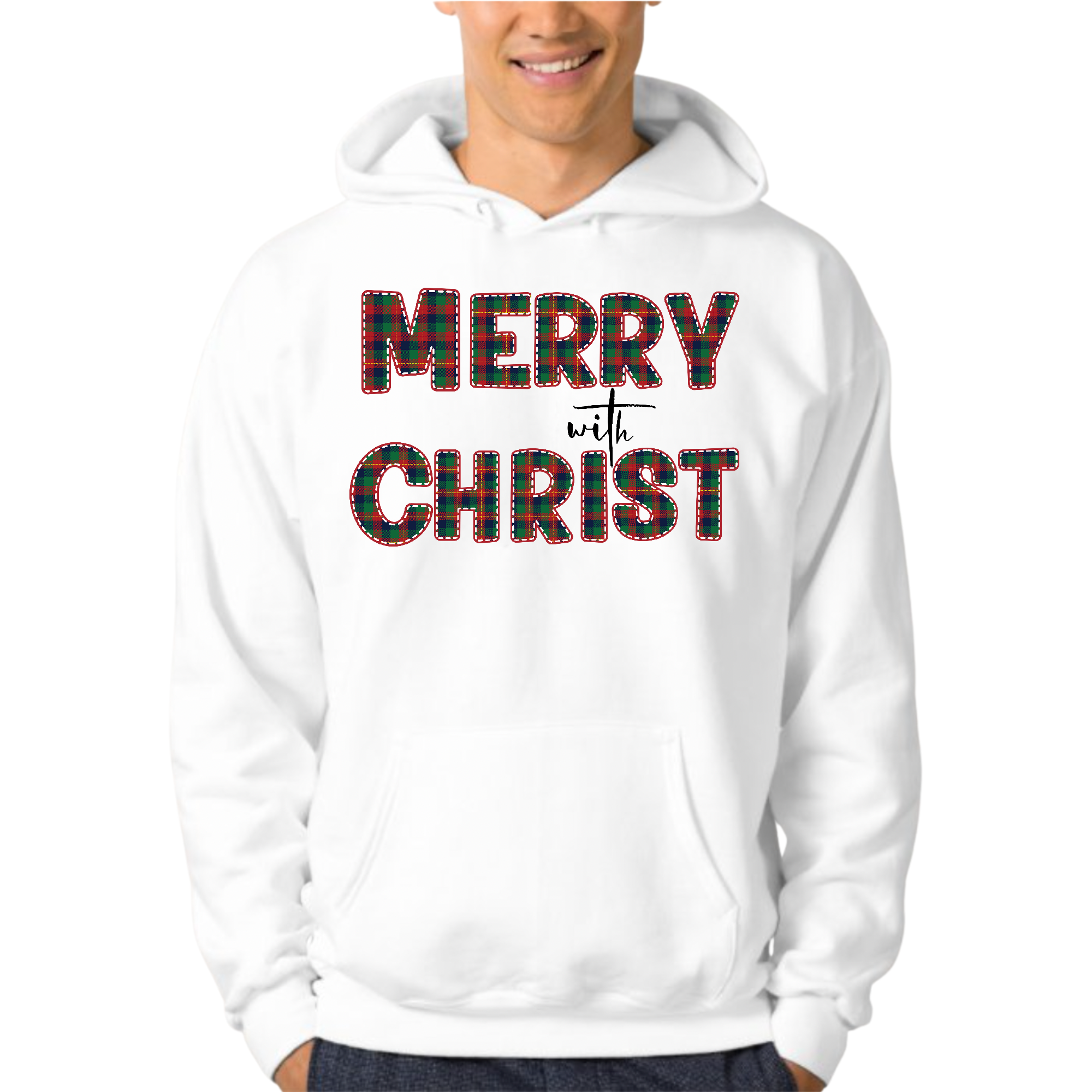 Men's Graphic Hoodie in red and green plaid with Merry Christmas design, featuring a drawstring neckline and long sleeves.