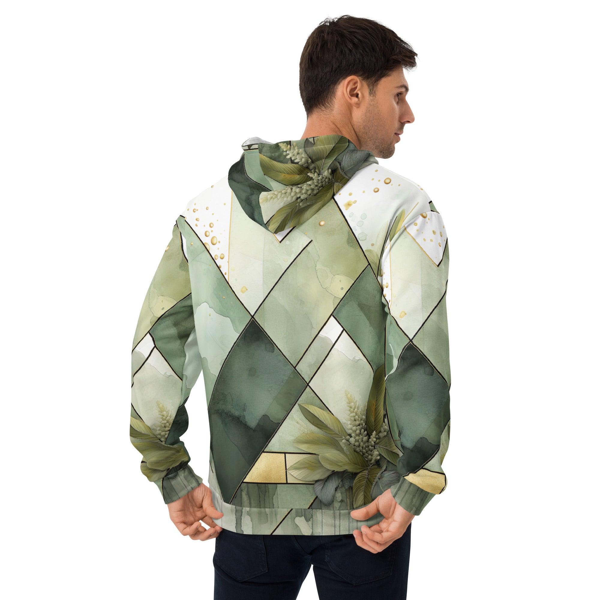 Men's olive green graphic hoodie featuring mint leaf geometric print, showcasing a stylish design with a double-lined hood and front pouch pocket.