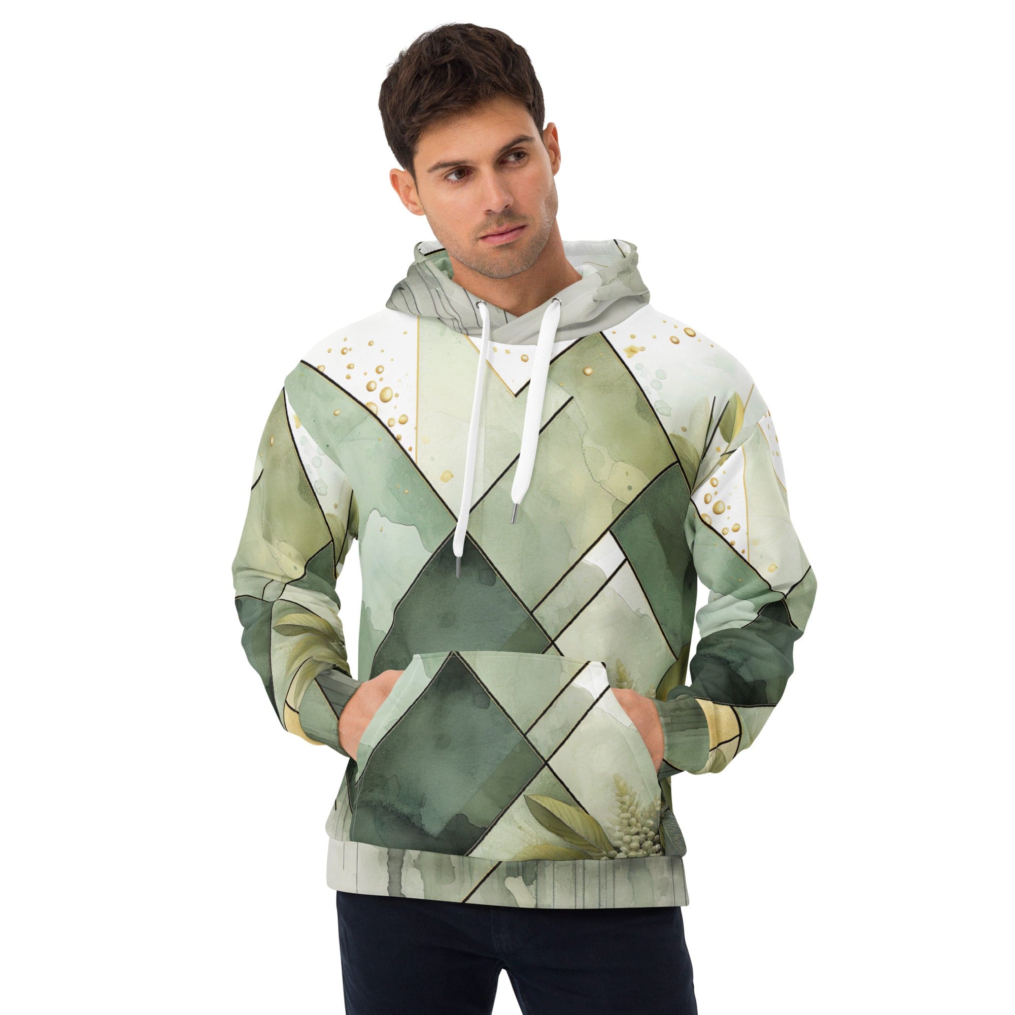 Men's olive green graphic hoodie featuring mint leaf geometric print, showcasing a stylish design with a double-lined hood and front pouch pocket.