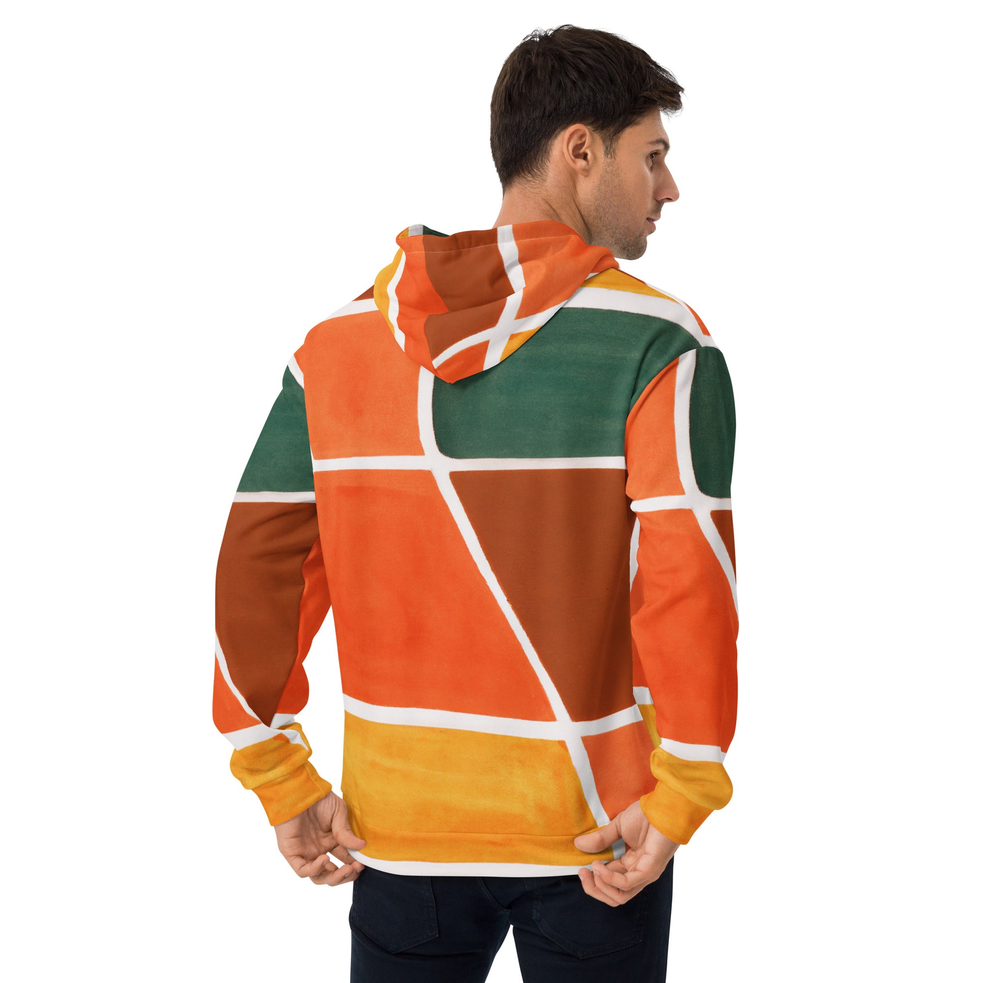 Mens Graphic Hoodie featuring an orange and green boho pattern, showcasing a stylish design with a comfortable hood and front pouch pocket.