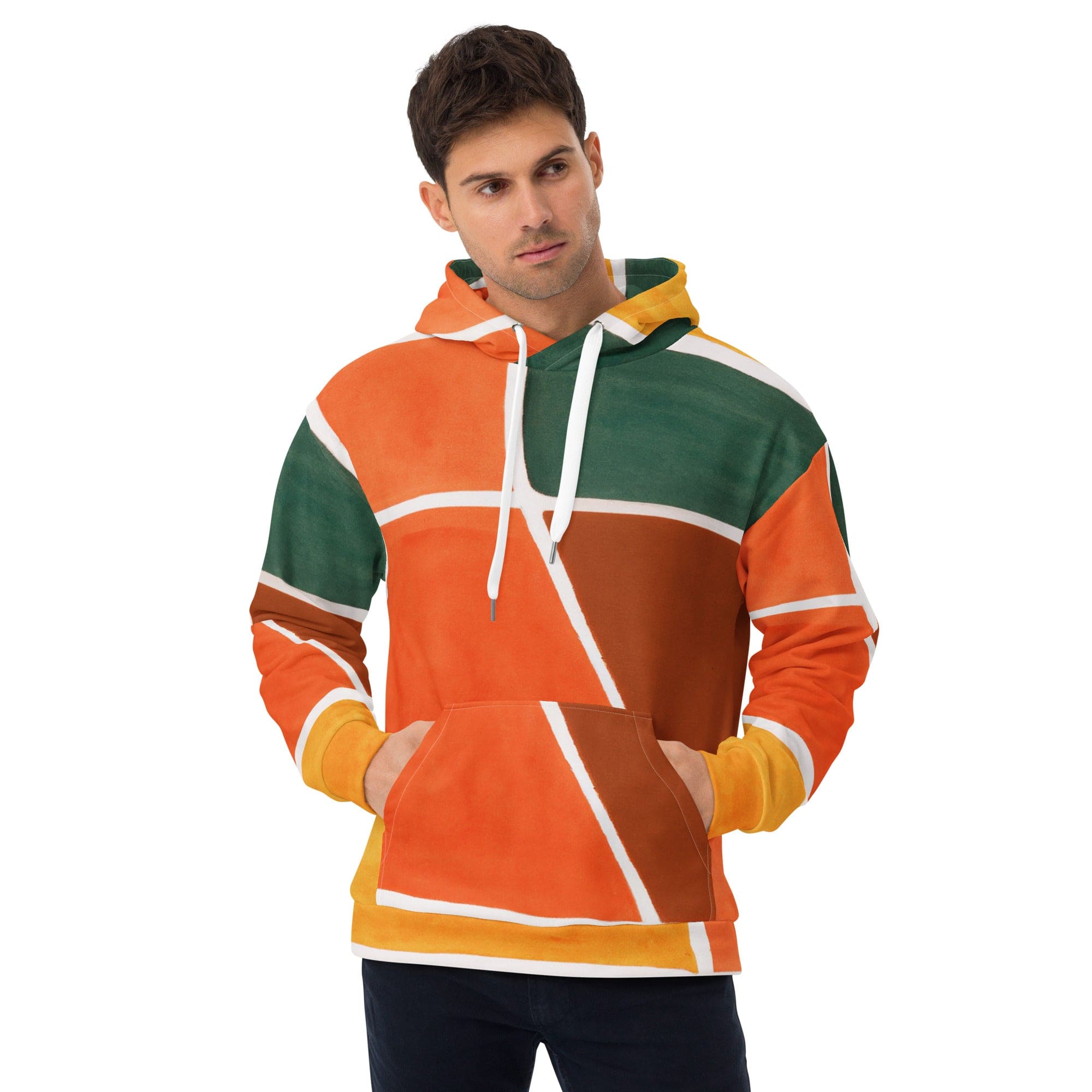 Mens Graphic Hoodie featuring an orange and green boho pattern, showcasing a stylish design with a comfortable hood and front pouch pocket.