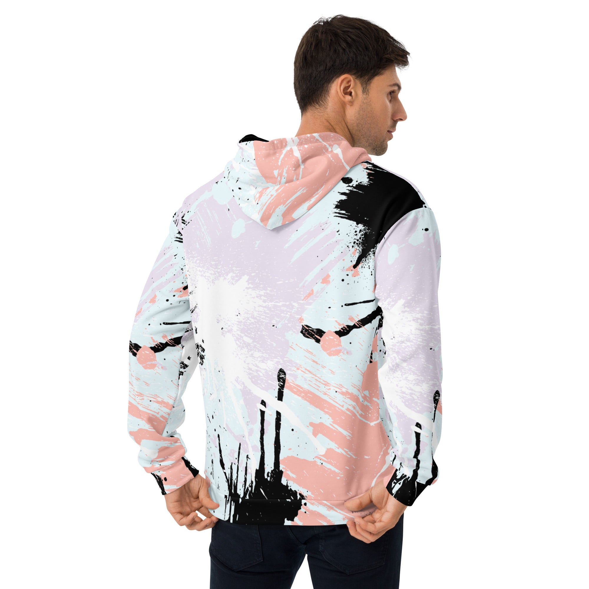 Mens Graphic Hoodie featuring a vibrant pink and black abstract print, showcasing a stylish design with a comfortable fit.
