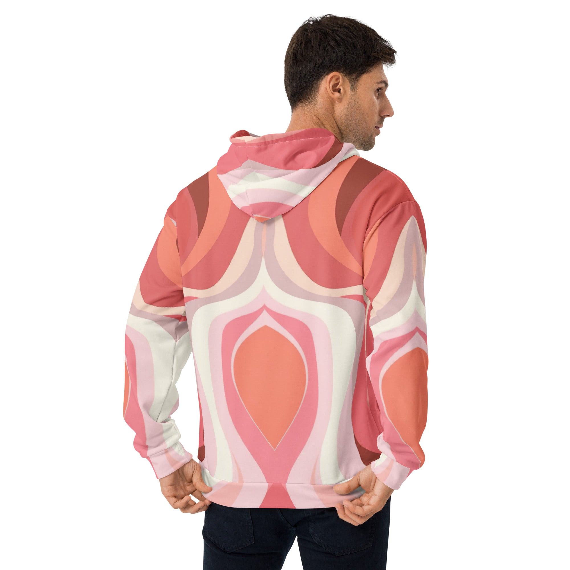 Mens Graphic Hoodie in Pink and White featuring a Boho Swirl Lines pattern, showcasing a stylish and comfortable design with a double-lined hood.