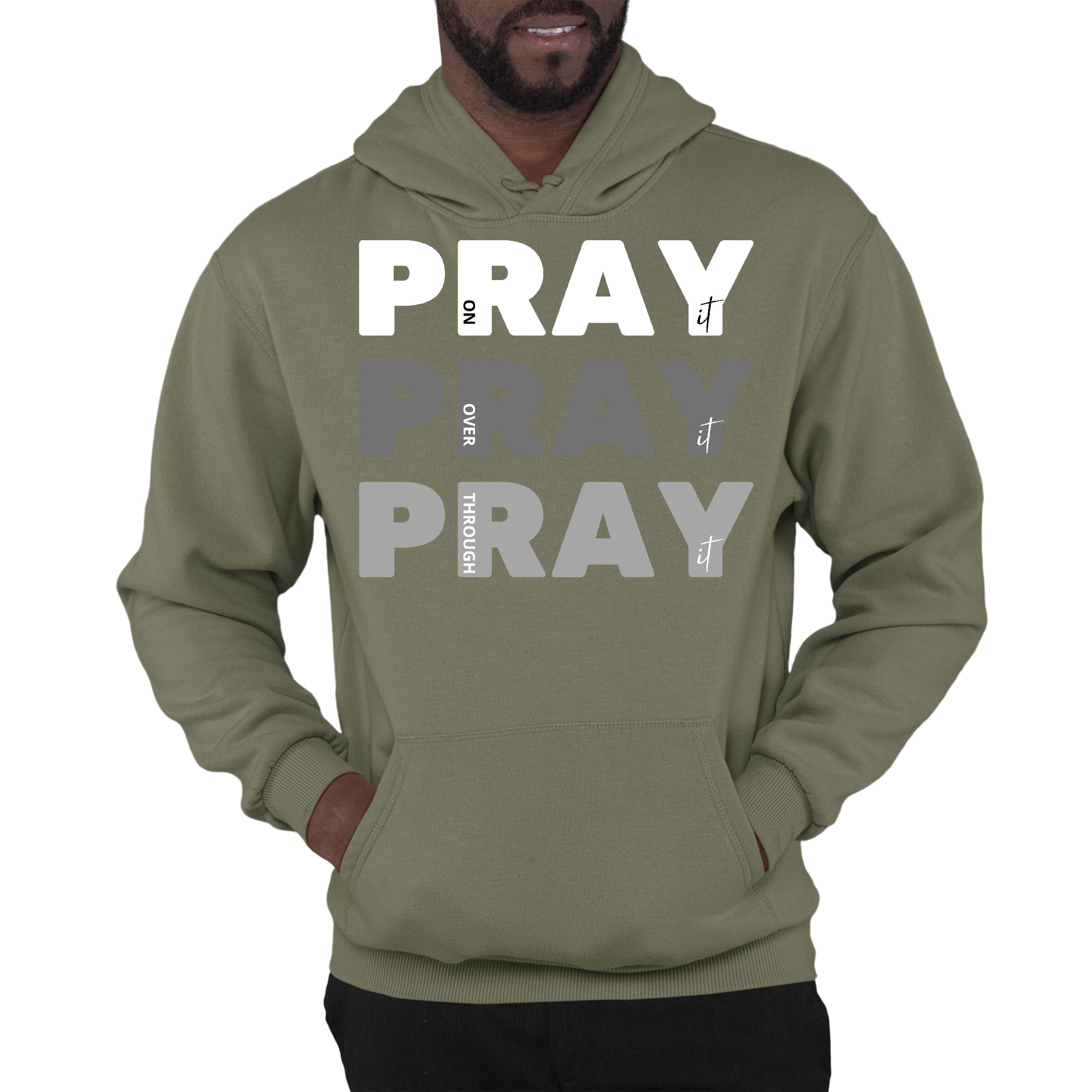 Men's Graphic Hoodie featuring the inspirational phrase 'Pray On It Over It Through It' in a stylish design, perfect for casual wear.