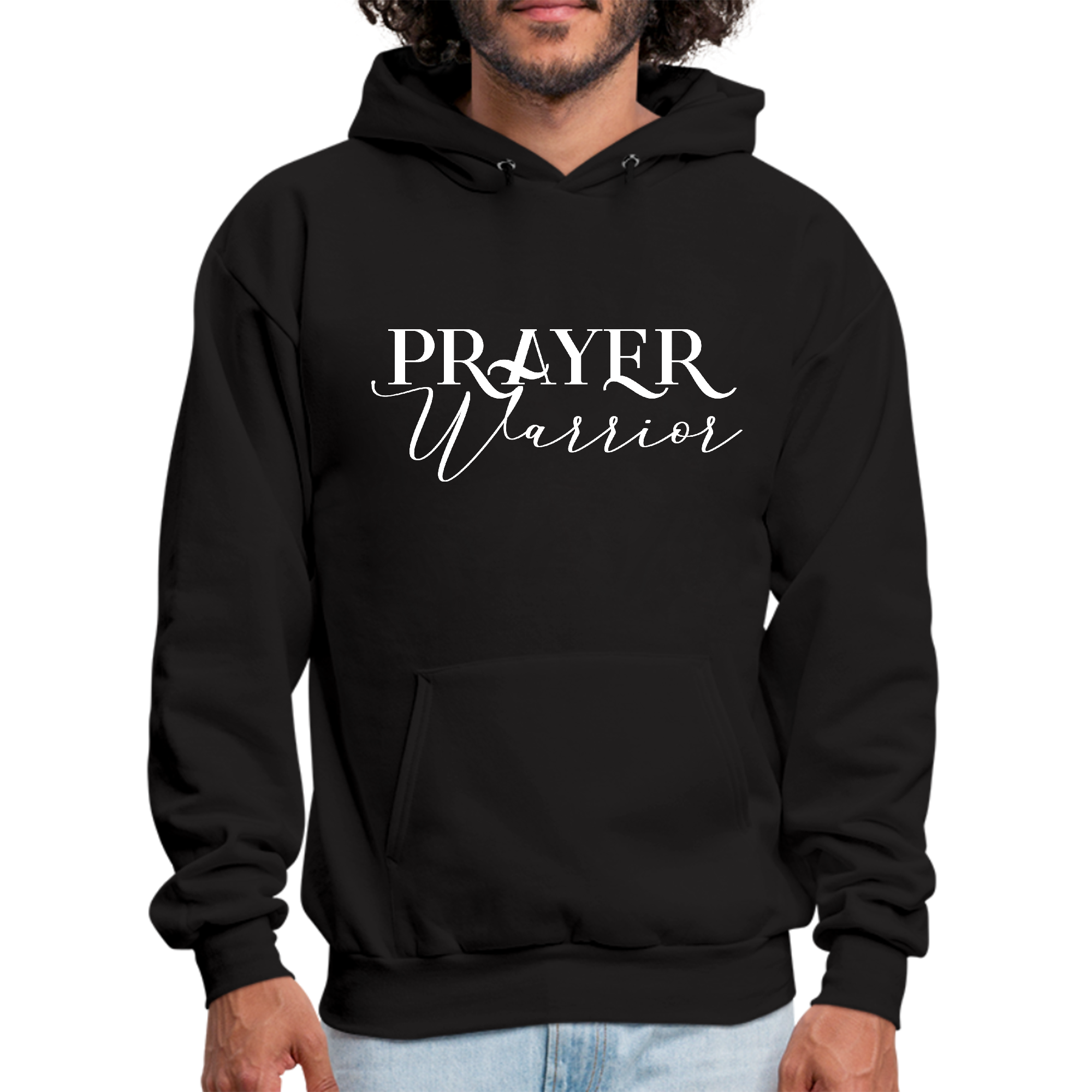 Men's Graphic Hoodie featuring Prayer Warrior script illustration, showcasing a comfortable and stylish design.