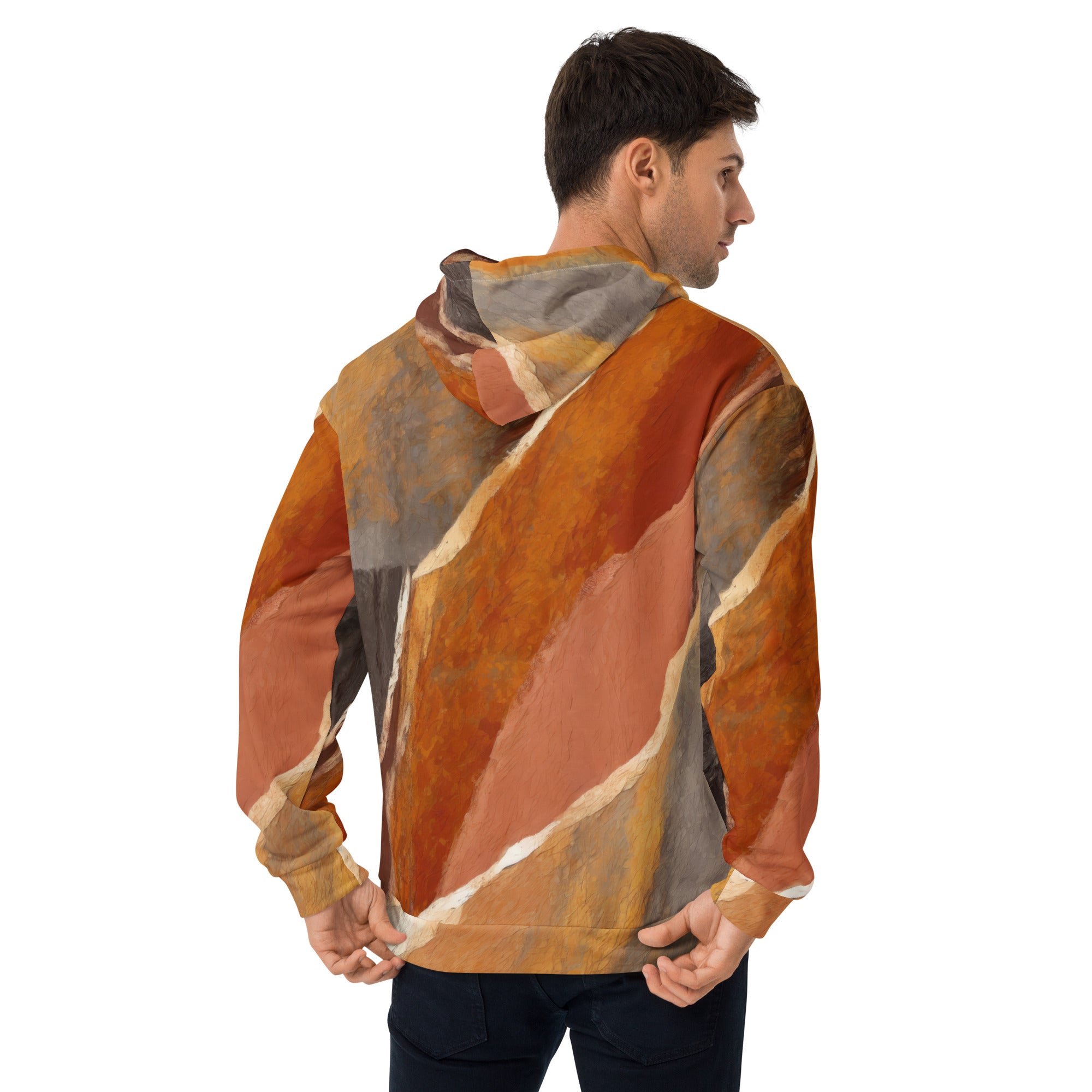 Men's Graphic Hoodie in rustic brown with abstract stone print, featuring a double-lined hood and front pouch pocket.