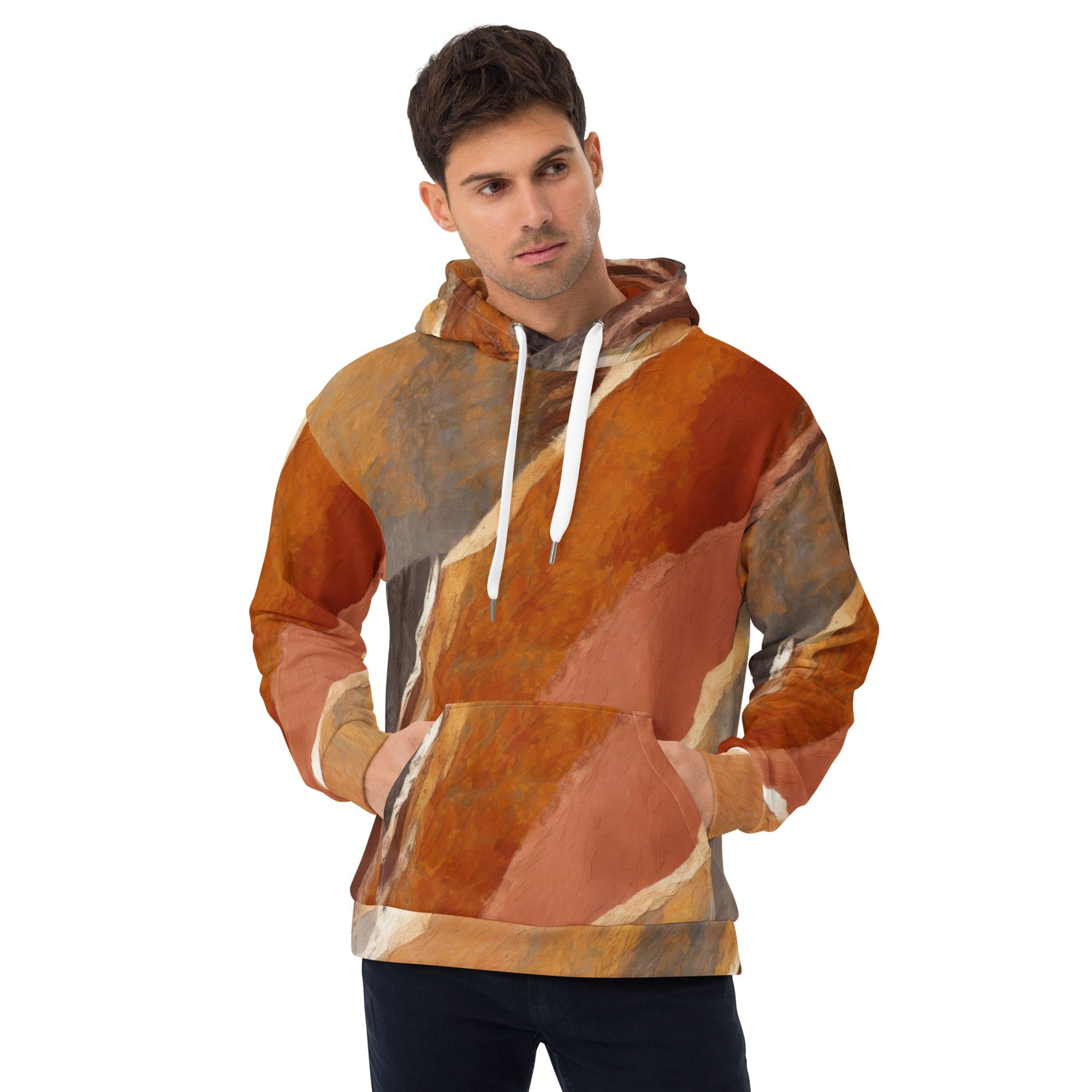 Men's Graphic Hoodie in rustic brown with abstract stone print, featuring a double-lined hood and front pouch pocket.
