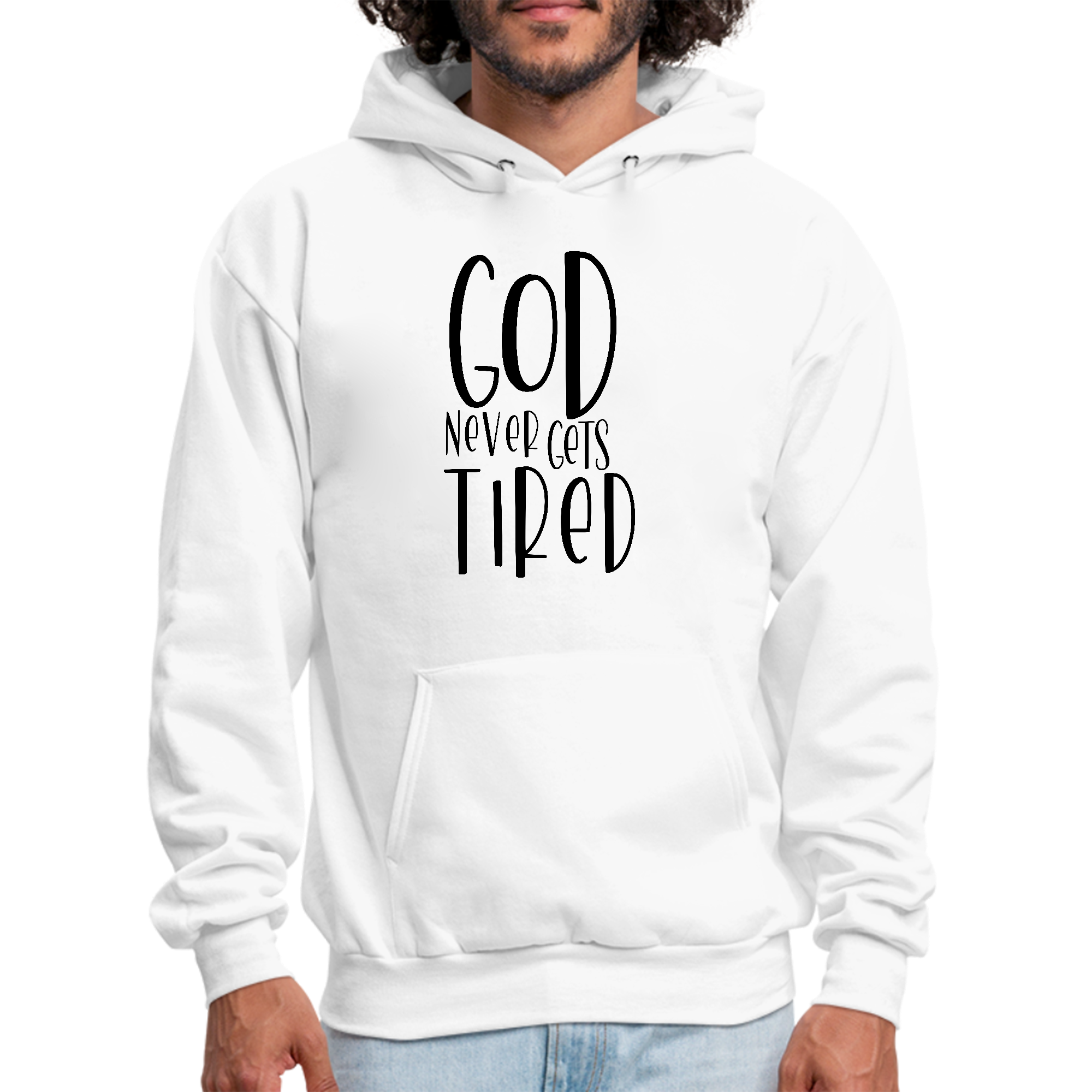 Mens black graphic hoodie featuring 'God Never Gets Tired' inspirational quote, designed for comfort and style.