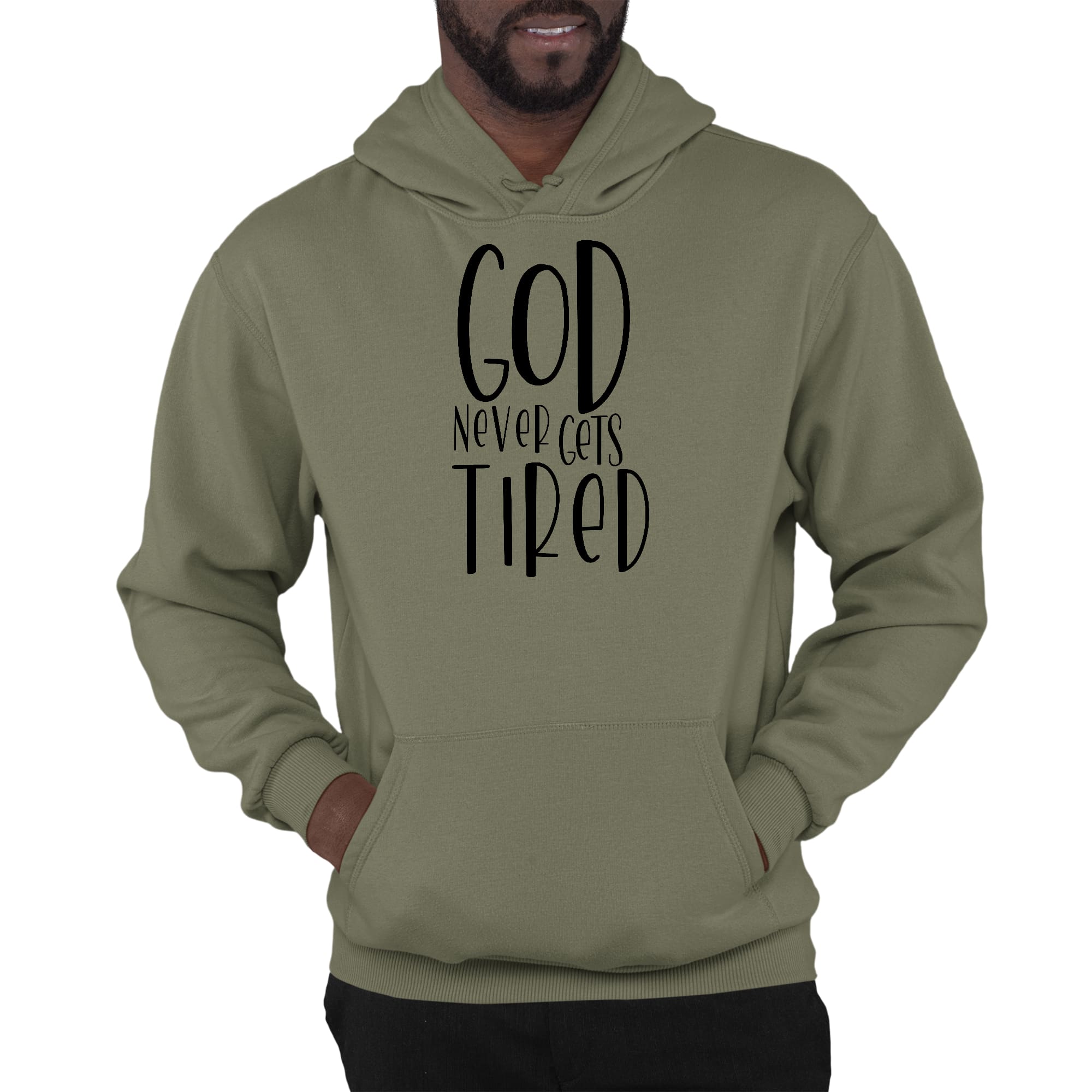 Mens black graphic hoodie featuring 'God Never Gets Tired' inspirational quote, designed for comfort and style.