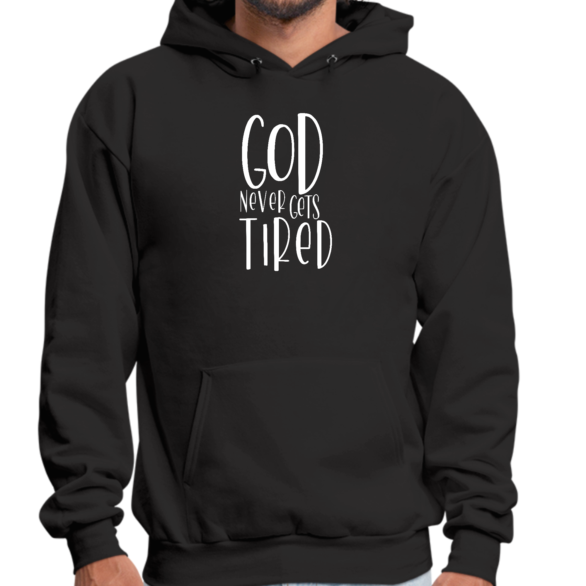 Mens Graphic Hoodie featuring the phrase 'God Never Gets Tired' in a stylish design, perfect for creative individuals.