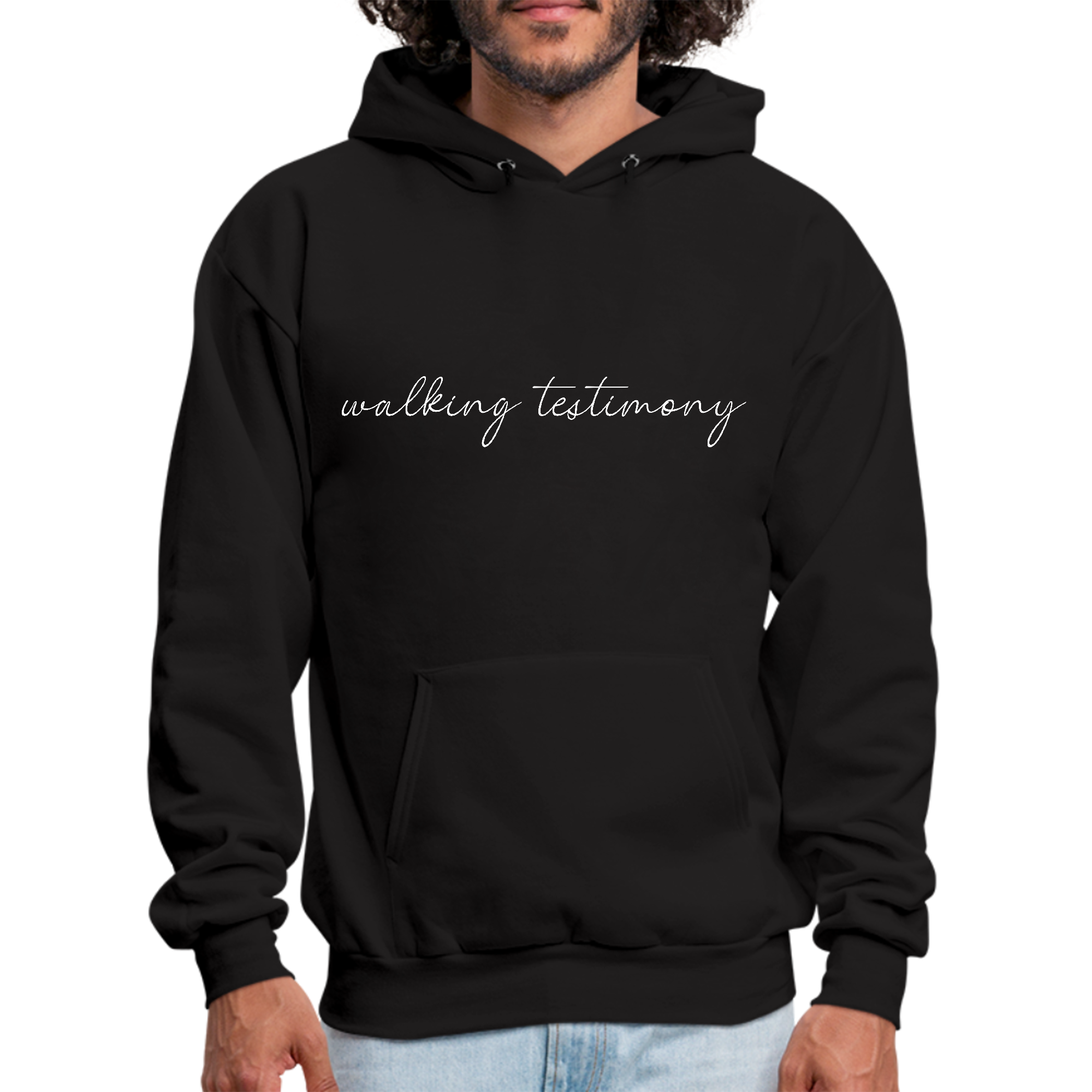 Mens Graphic Hoodie featuring Say it Soul Walking Testimony illustration, showcasing a comfortable and stylish design for faith-based wear.