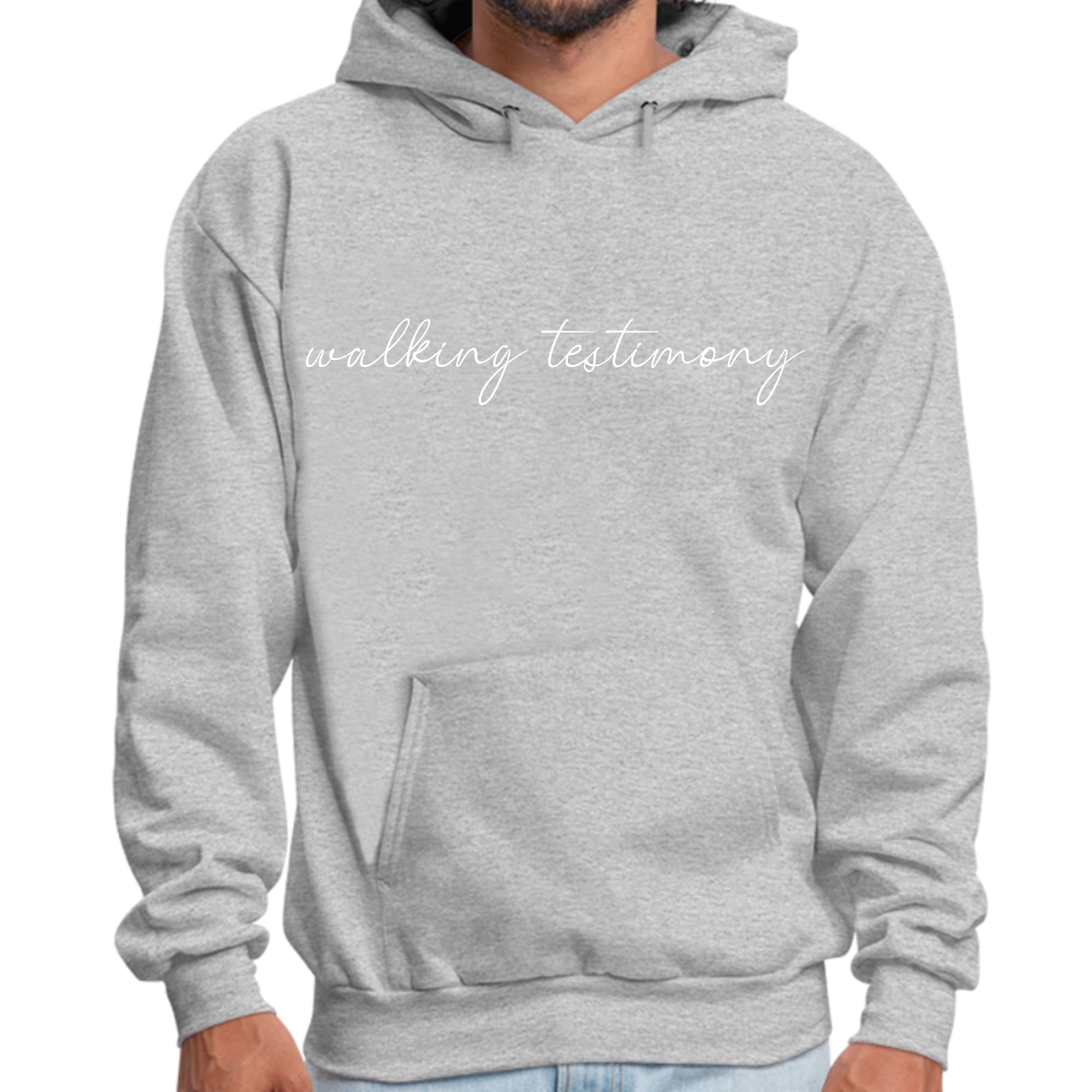 Mens Graphic Hoodie featuring Say it Soul Walking Testimony illustration, showcasing a comfortable and stylish design for faith-based wear.