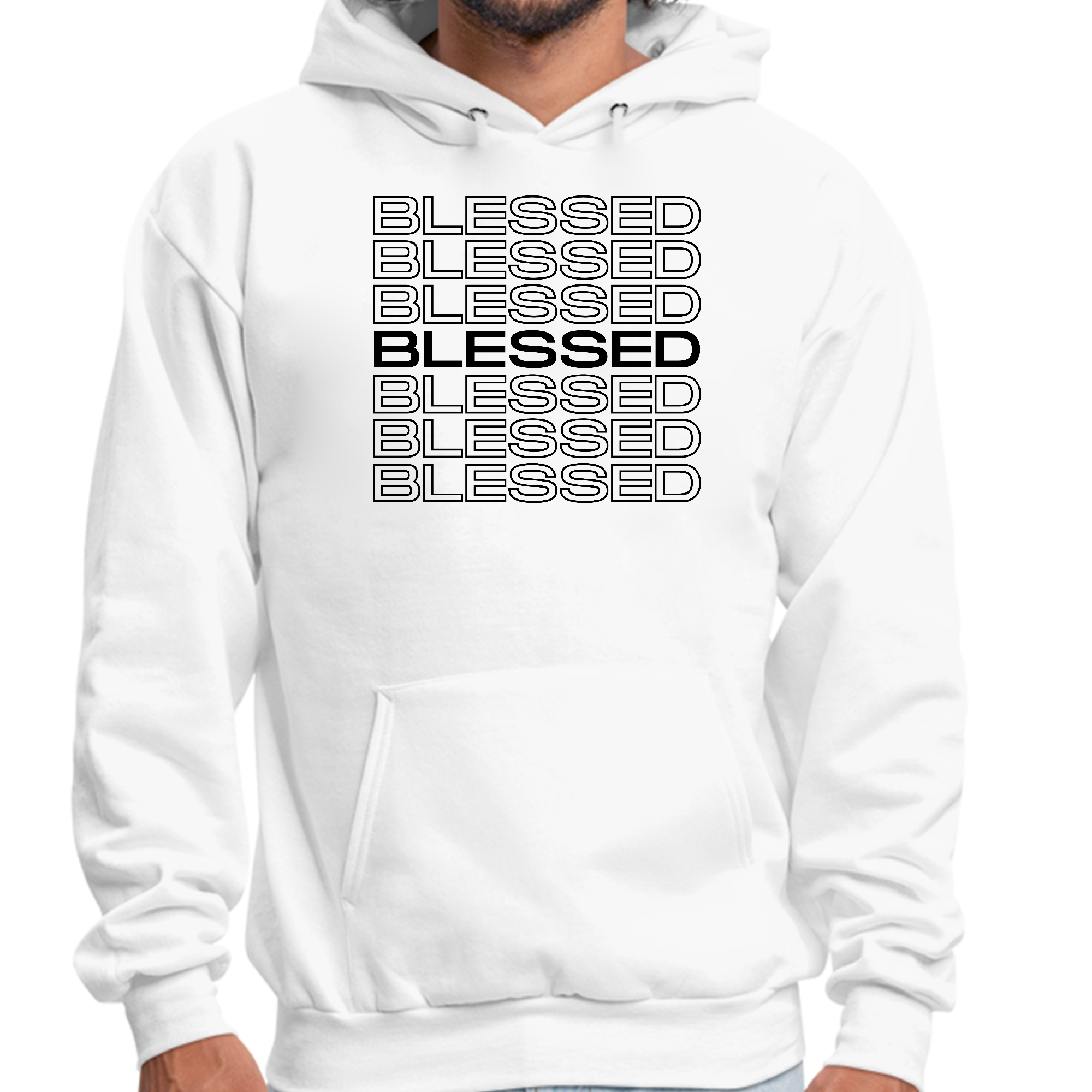 Men's black graphic hoodie featuring Stacked Blessed Print, showcasing a comfortable design with drawstring neckline and long sleeves.