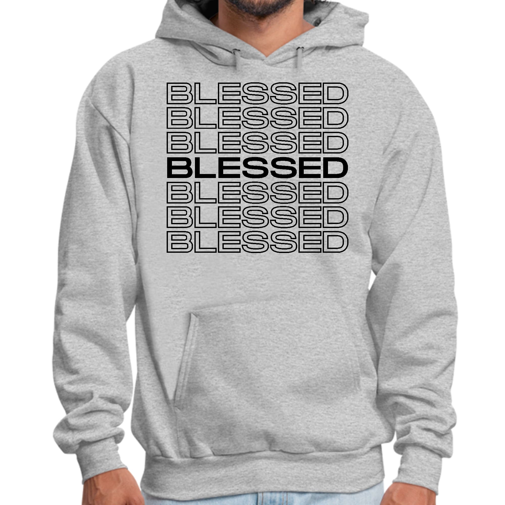 Men's black graphic hoodie featuring Stacked Blessed Print, showcasing a comfortable design with drawstring neckline and long sleeves.