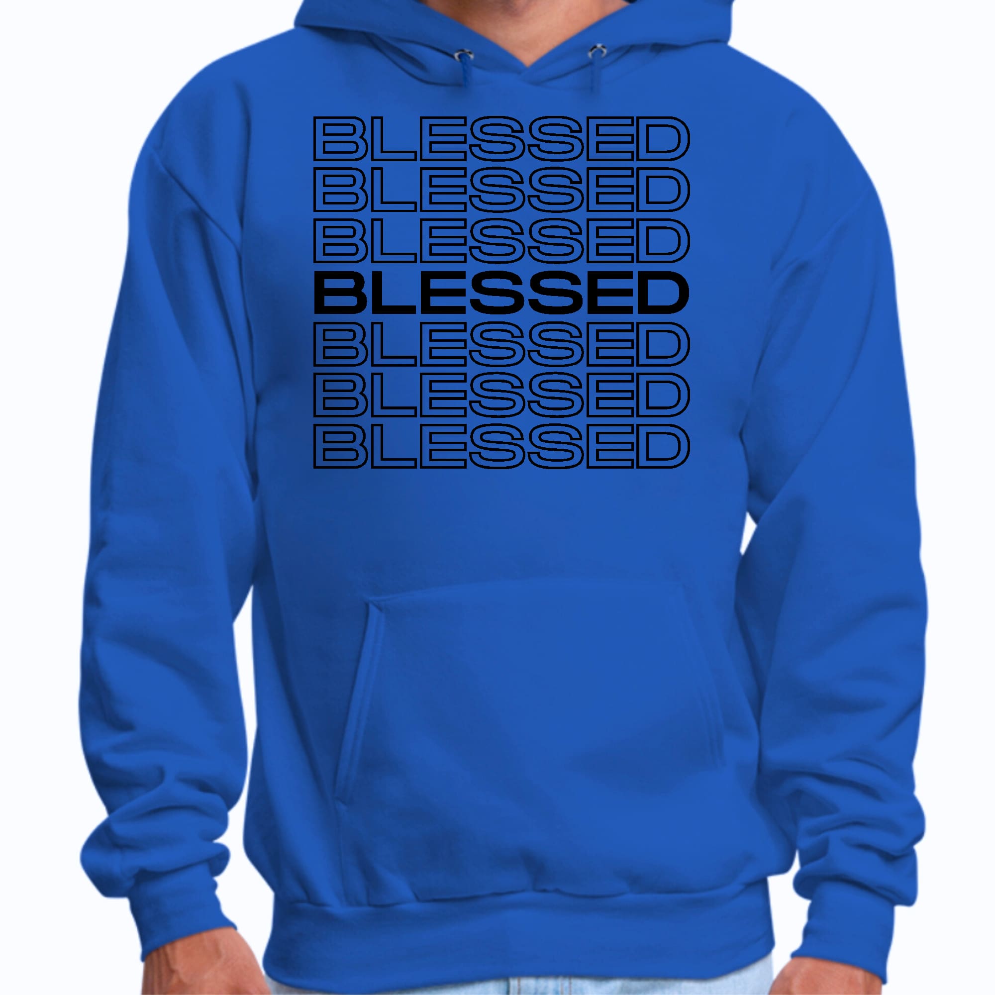 Men's black graphic hoodie featuring Stacked Blessed Print, showcasing a comfortable design with drawstring neckline and long sleeves.