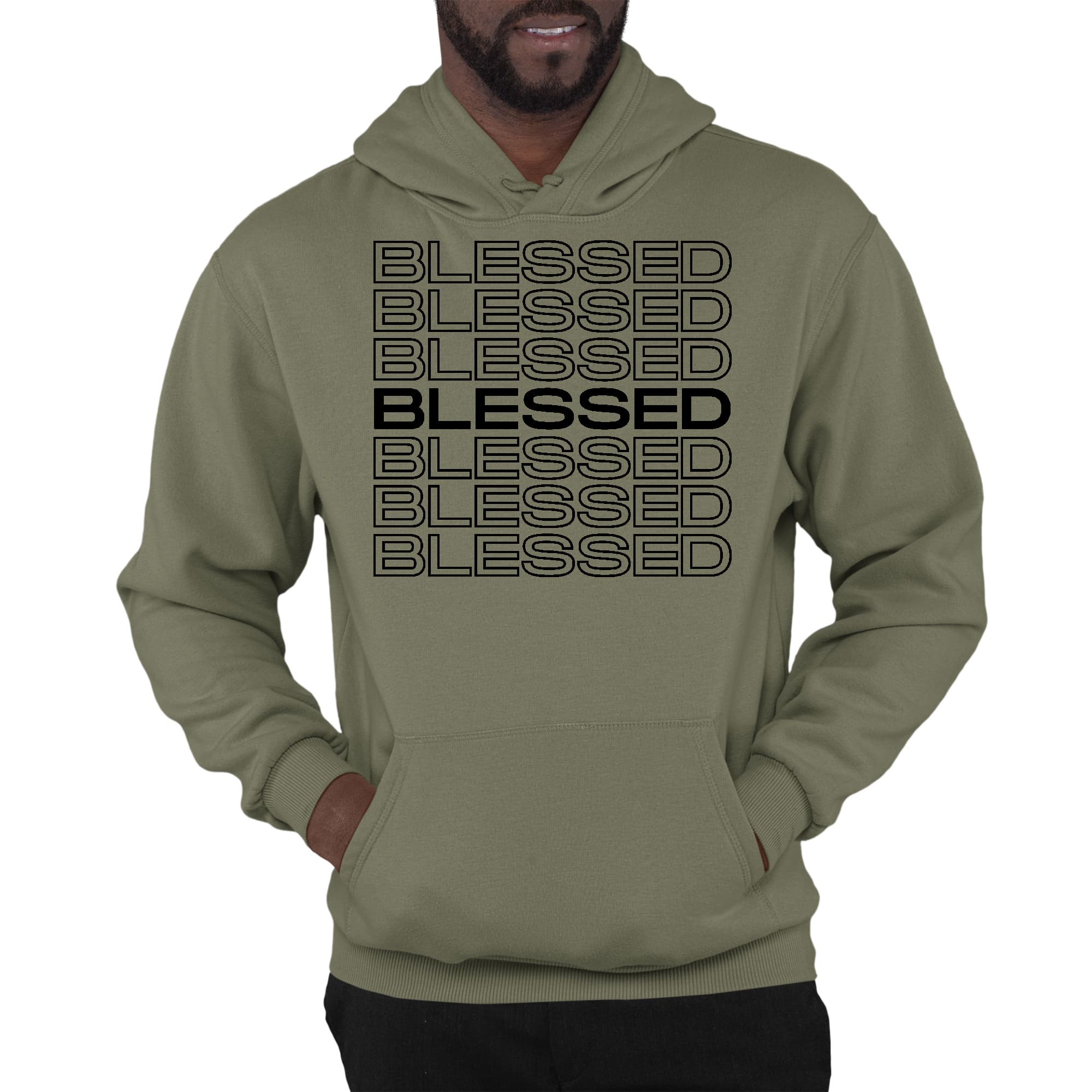Men's black graphic hoodie featuring Stacked Blessed Print, showcasing a comfortable design with drawstring neckline and long sleeves.
