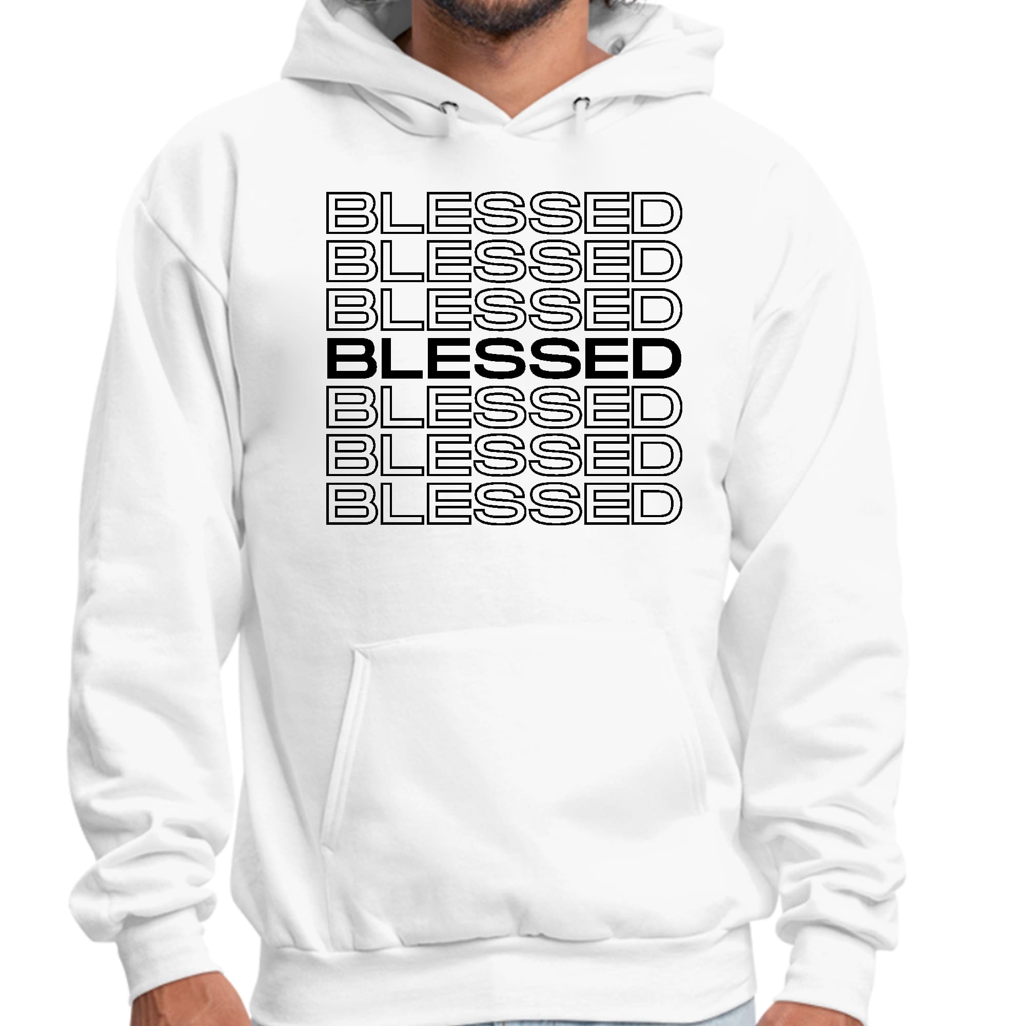 Men's black graphic hoodie featuring Stacked Blessed Print, showcasing a comfortable design with drawstring neckline and long sleeves.