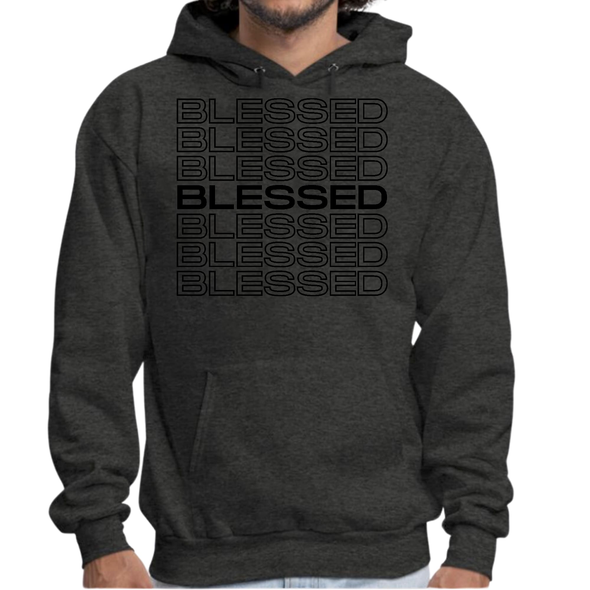 Men's black graphic hoodie featuring Stacked Blessed Print, showcasing a comfortable design with drawstring neckline and long sleeves.