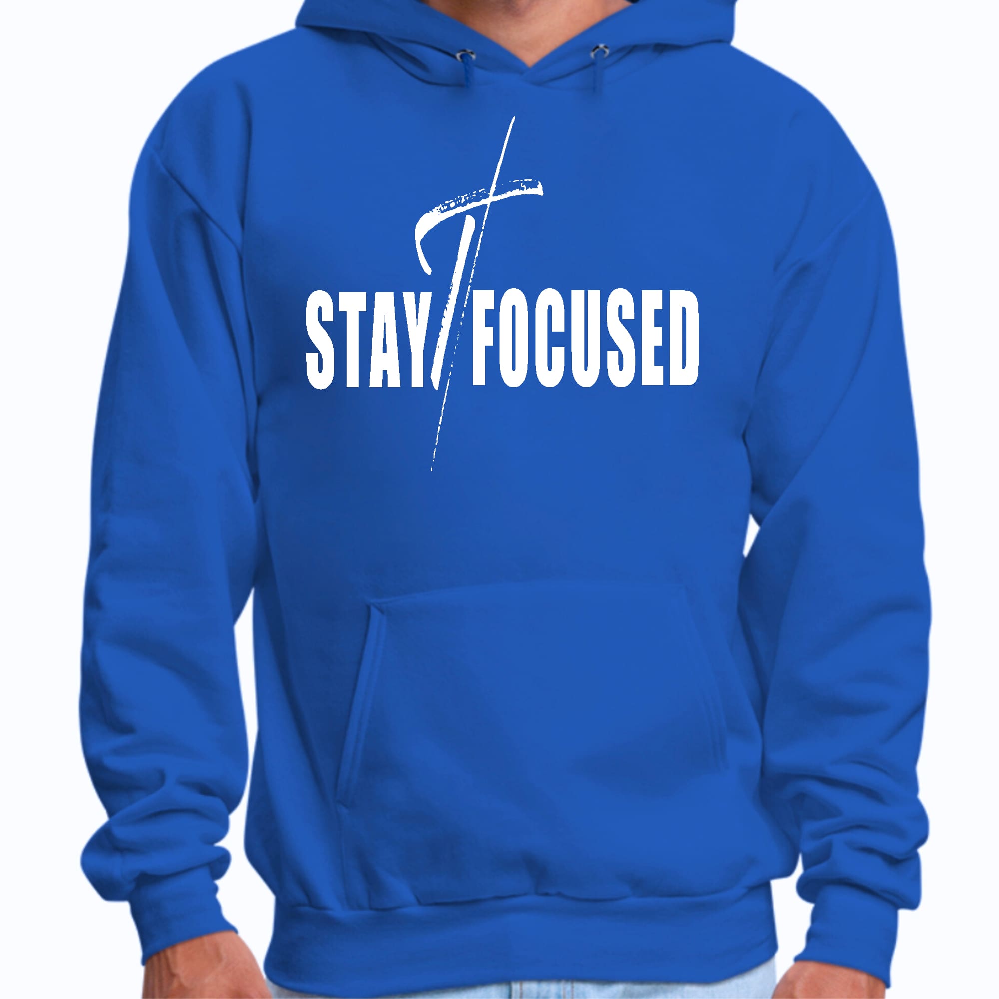 Mens Graphic Hoodie featuring Stay Focused white print, showcasing a trendy design and comfortable fit.