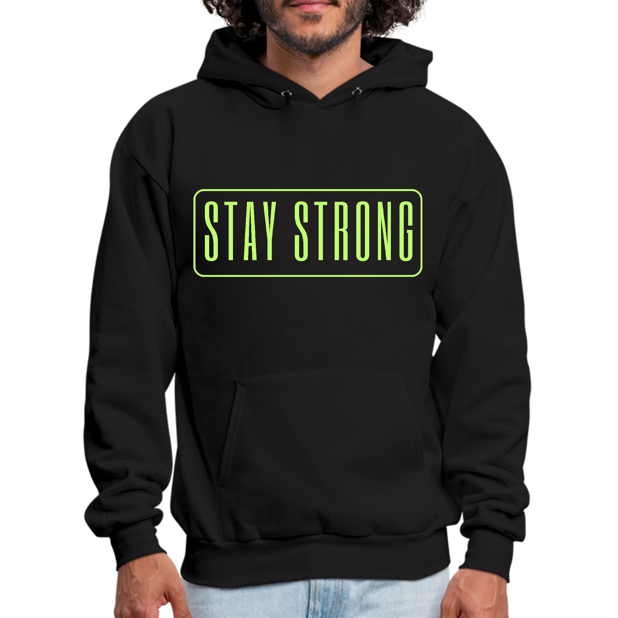 Men's Graphic Hoodie featuring a neon 'Stay Strong' print, showcasing a comfortable fit and stylish design.