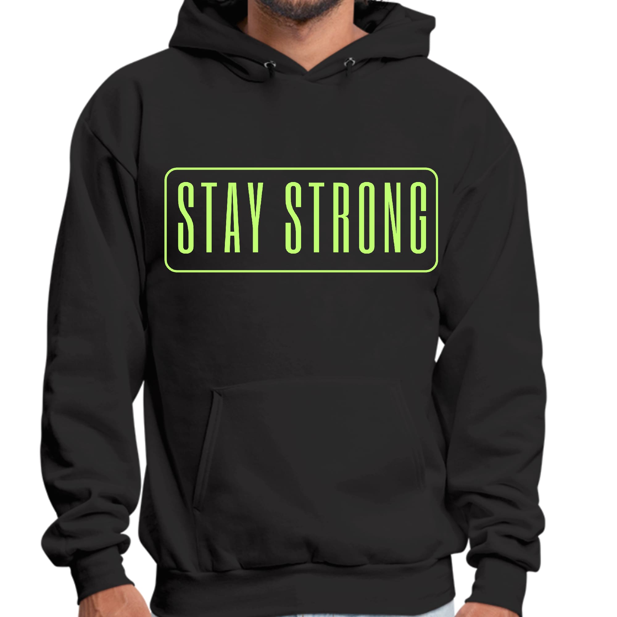 Men's Graphic Hoodie featuring a neon 'Stay Strong' print, showcasing a comfortable fit and stylish design.
