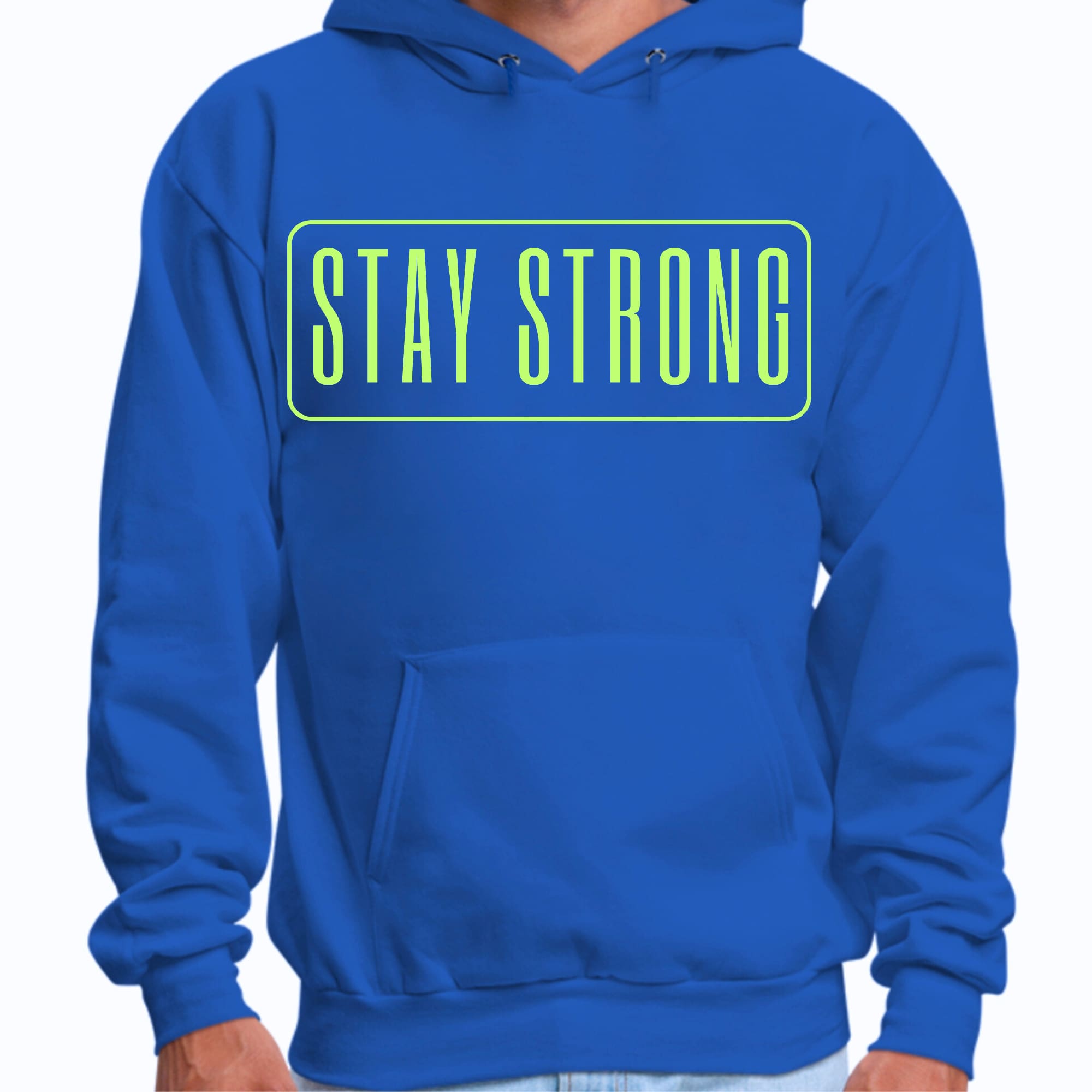 Men's Graphic Hoodie featuring a neon 'Stay Strong' print, showcasing a comfortable fit and stylish design.