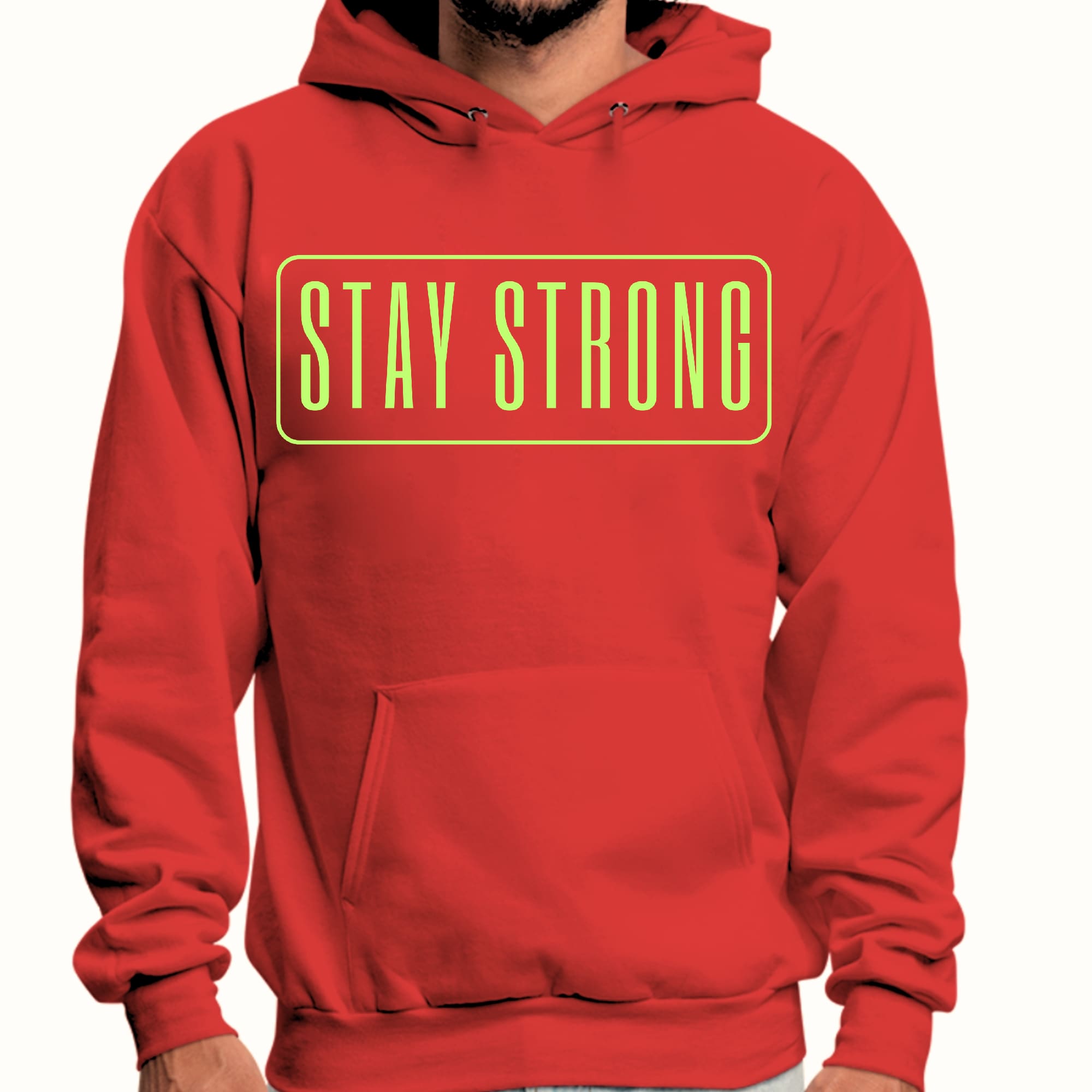 Men's Graphic Hoodie featuring a neon 'Stay Strong' print, showcasing a comfortable fit and stylish design.