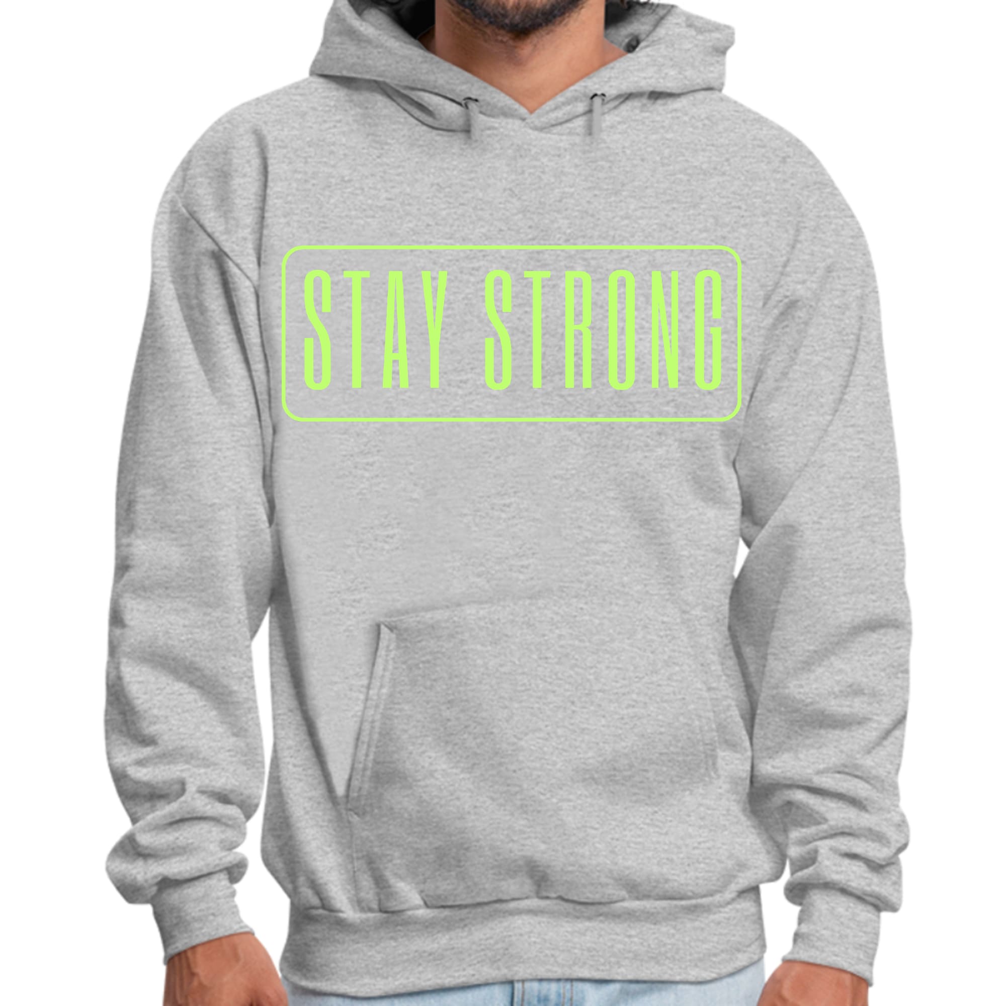 Men's Graphic Hoodie featuring a neon 'Stay Strong' print, showcasing a comfortable fit and stylish design.