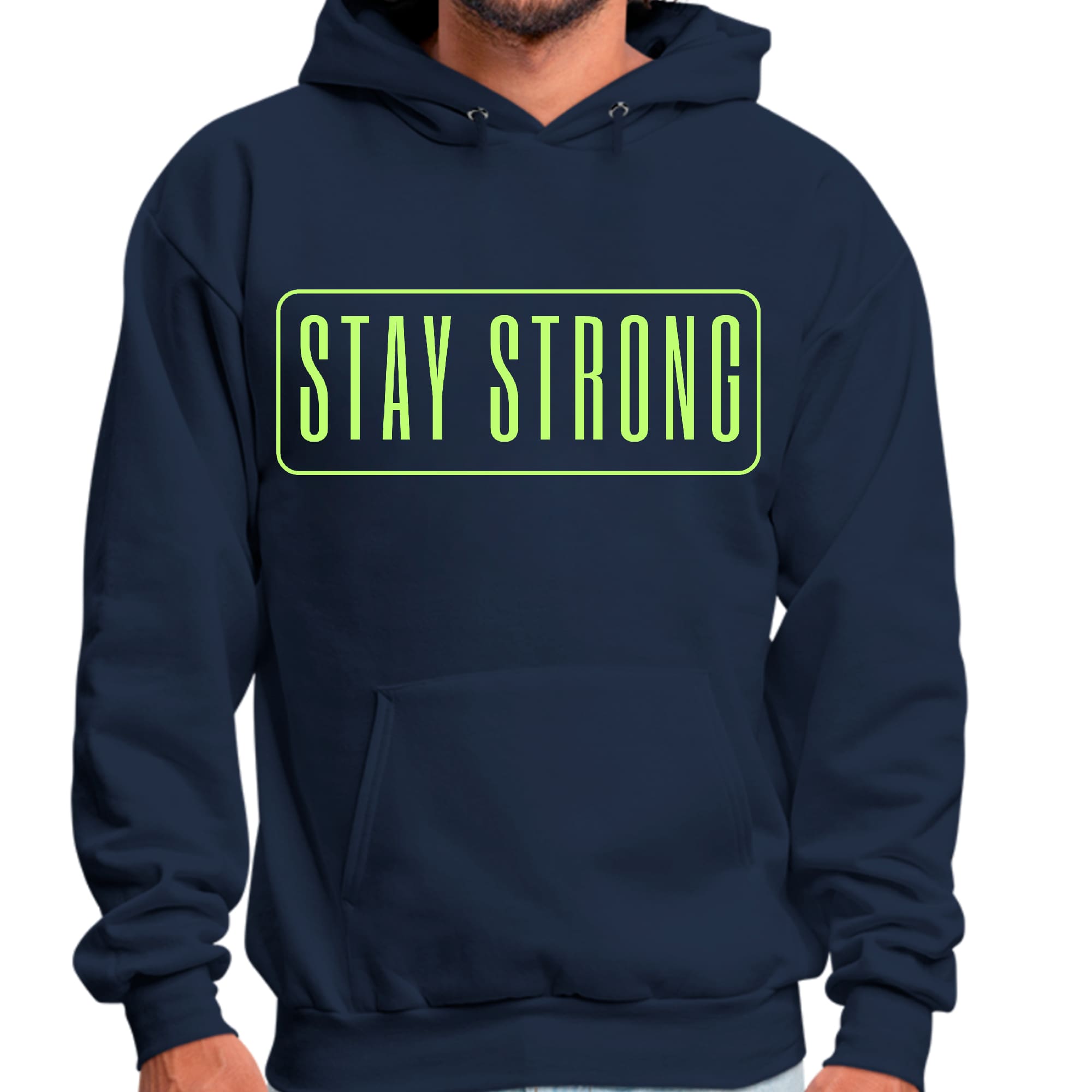 Men's Graphic Hoodie featuring a neon 'Stay Strong' print, showcasing a comfortable fit and stylish design.