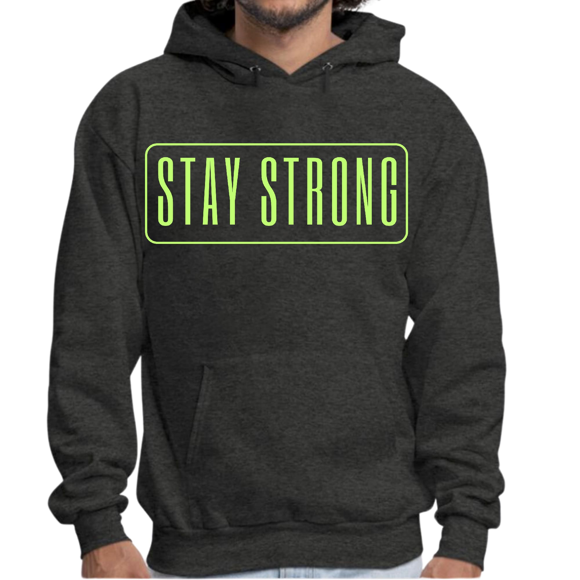 Men's Graphic Hoodie featuring a neon 'Stay Strong' print, showcasing a comfortable fit and stylish design.