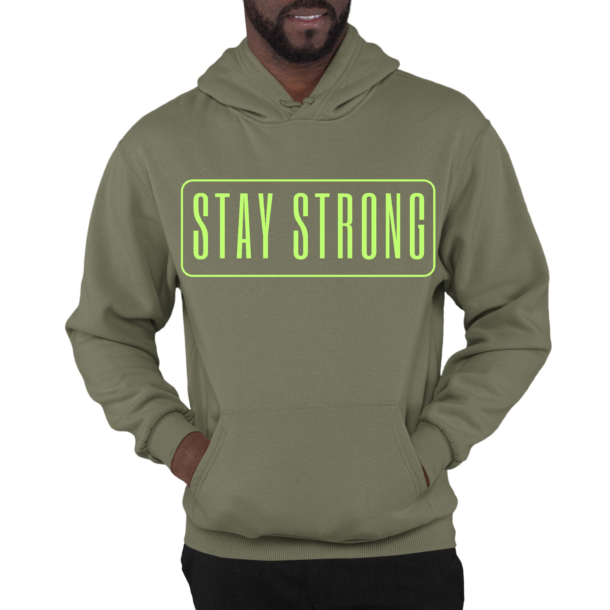 Men's Graphic Hoodie featuring a neon 'Stay Strong' print, showcasing a comfortable fit and stylish design.