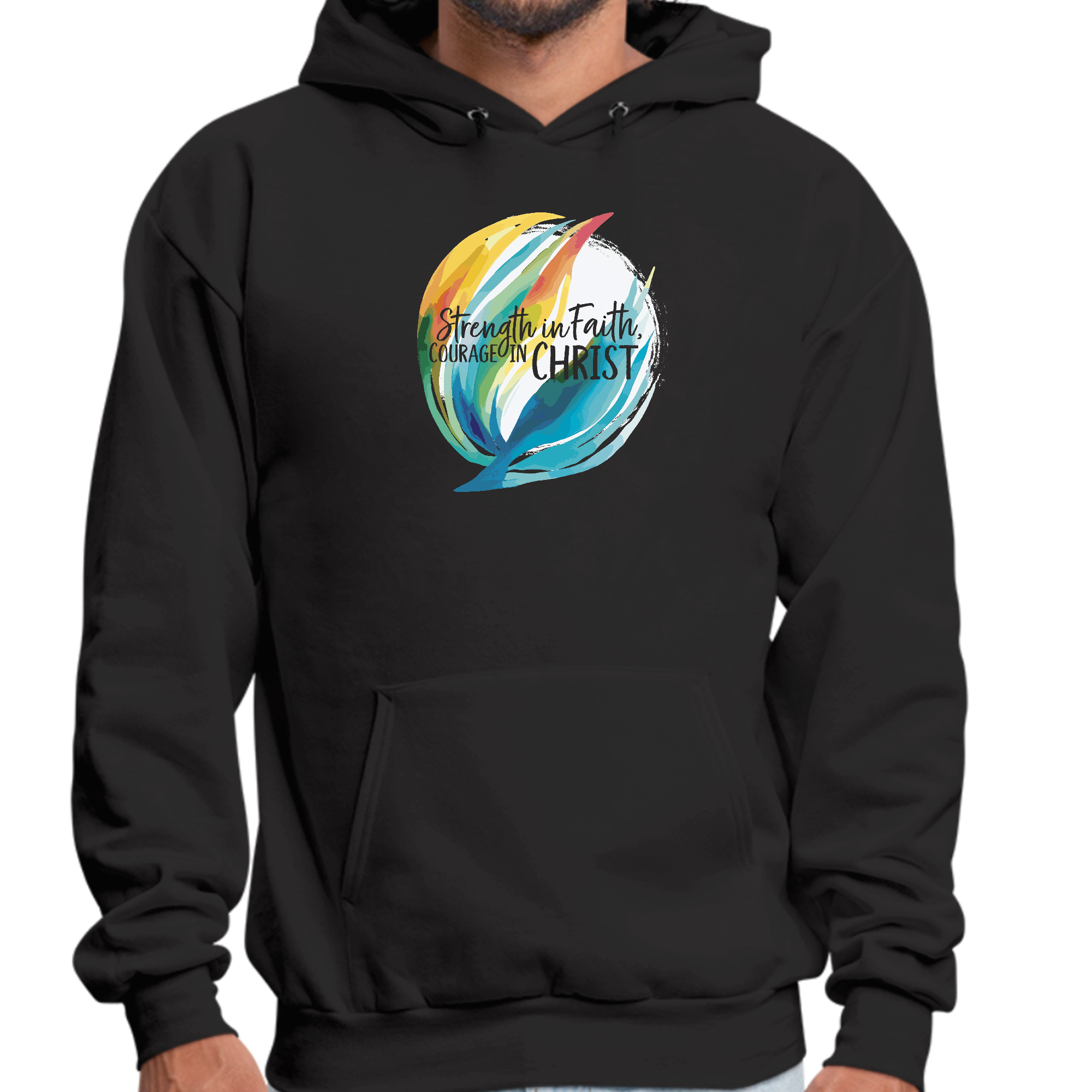 Mens Graphic Hoodie featuring Strength in Faith and Courage in Christ illustration, showcasing a comfortable and stylish design.