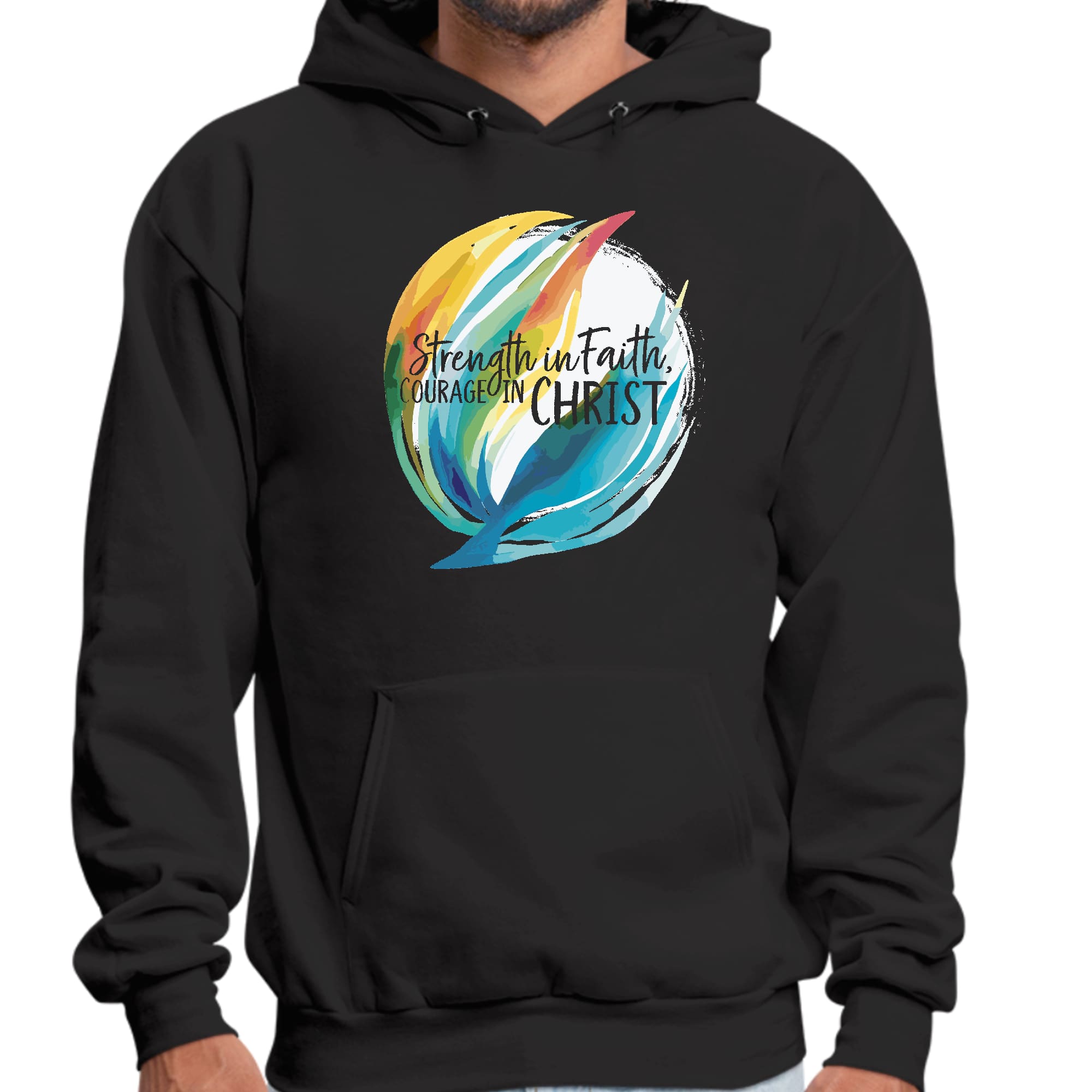 Mens Graphic Hoodie featuring Strength in Faith and Courage in Christ illustration, showcasing a comfortable and stylish design.
