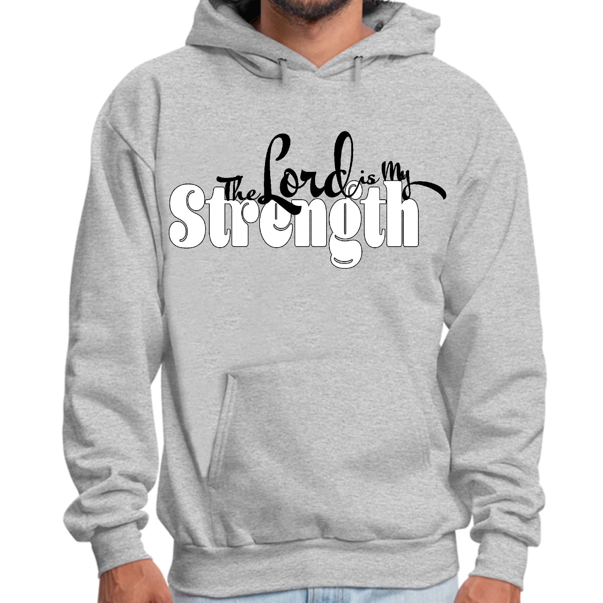 Men's Graphic Hoodie with 'The Lord is my Strength' print in black and white, featuring a drawstring neckline and long sleeves.