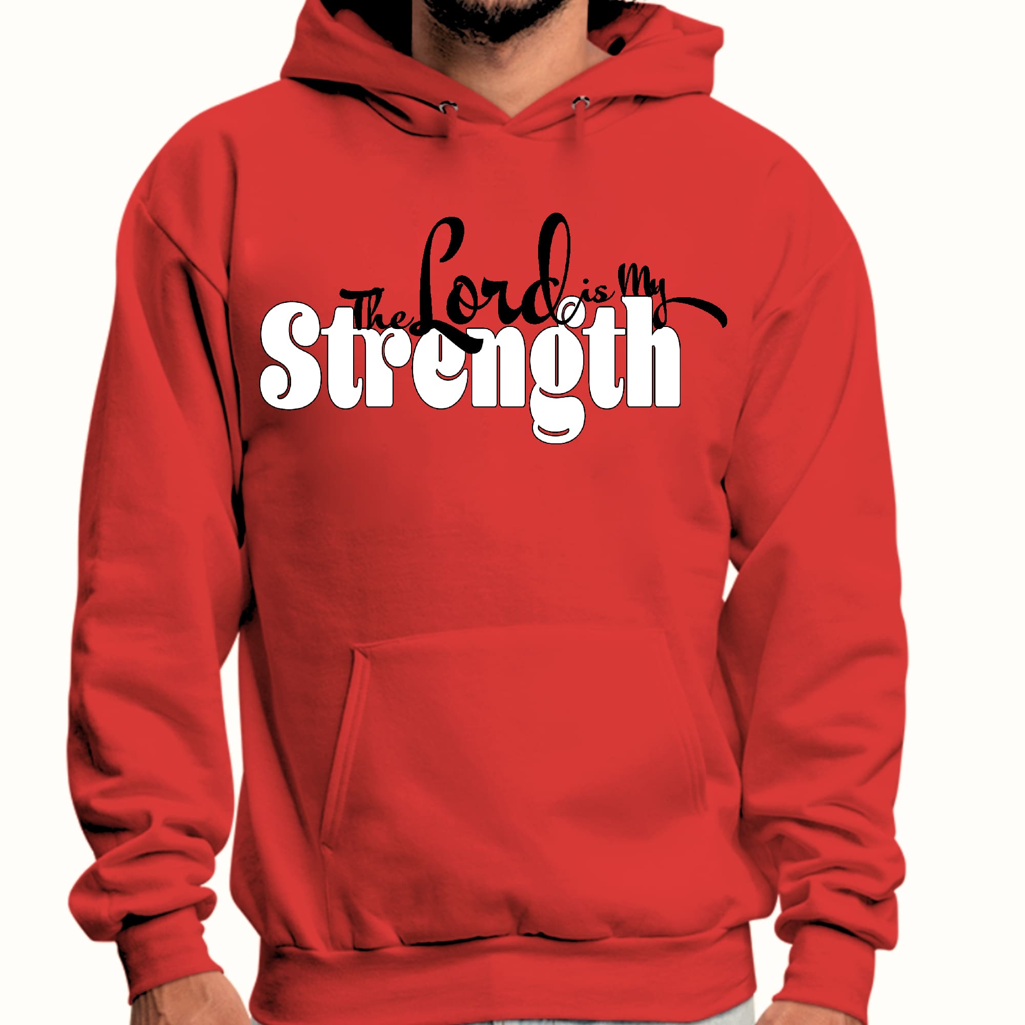 Men's Graphic Hoodie with 'The Lord is my Strength' print in black and white, featuring a drawstring neckline and long sleeves.