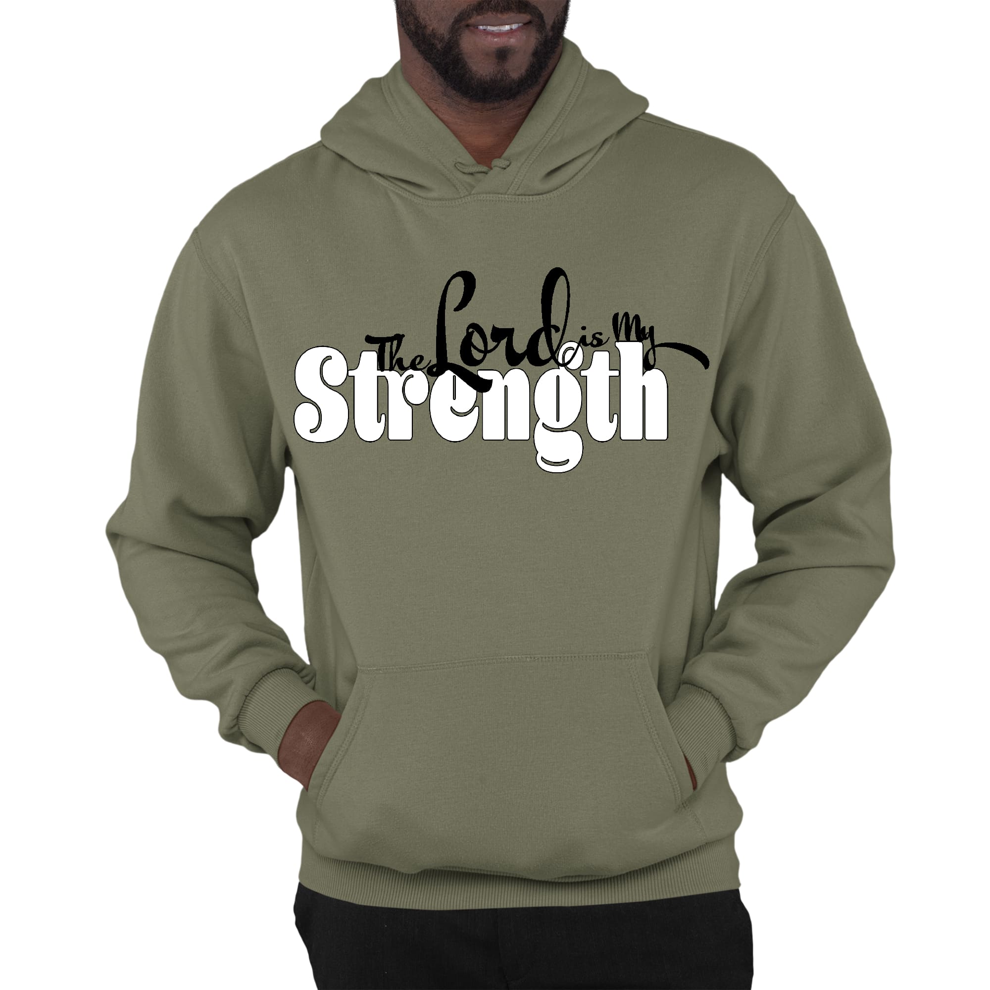 Men's Graphic Hoodie with 'The Lord is my Strength' print in black and white, featuring a drawstring neckline and long sleeves.