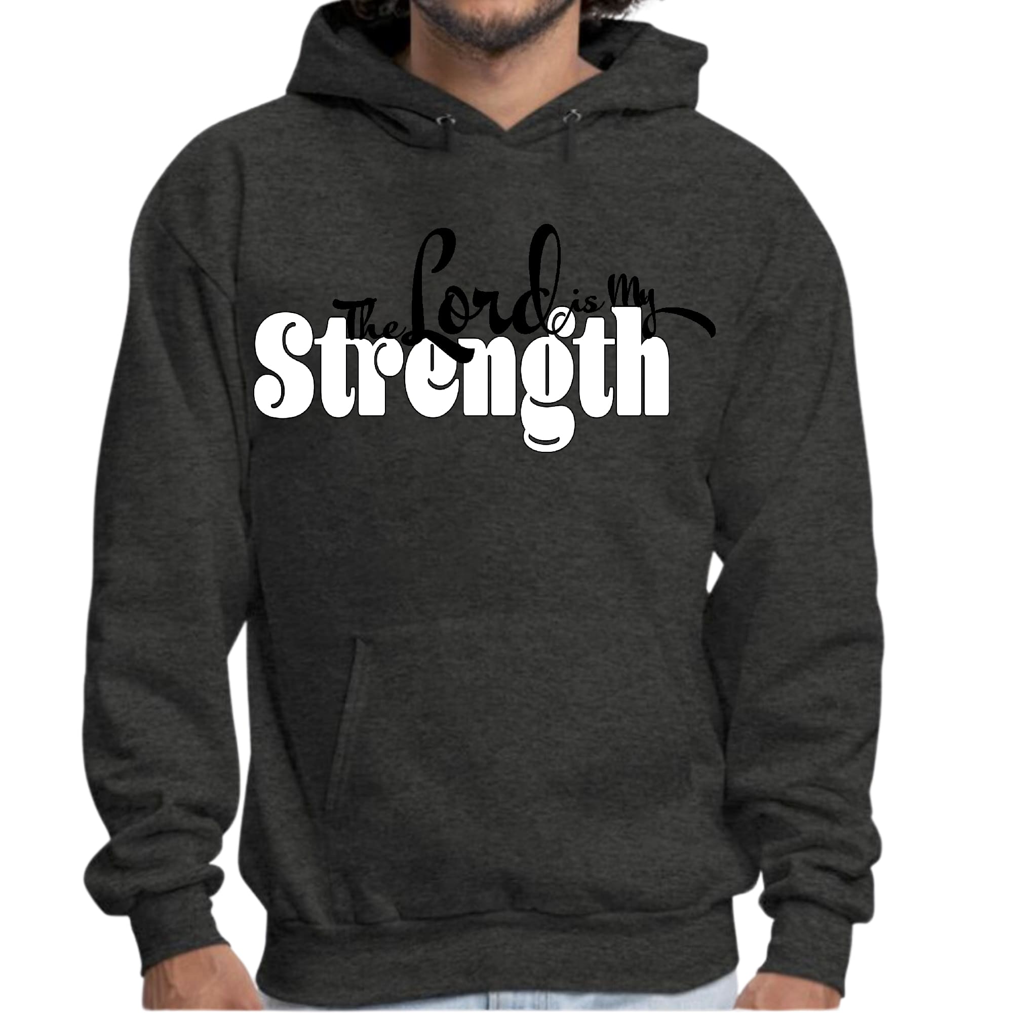 Men's Graphic Hoodie with 'The Lord is my Strength' print in black and white, featuring a drawstring neckline and long sleeves.