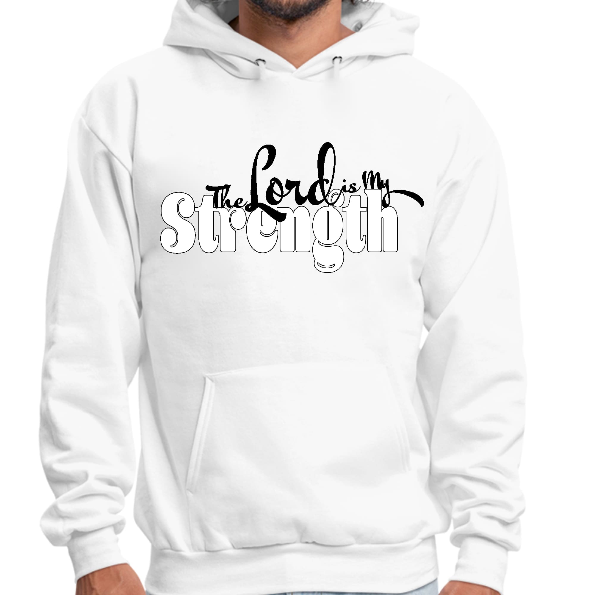 Men's Graphic Hoodie with 'The Lord is my Strength' print in black and white, featuring a drawstring neckline and long sleeves.