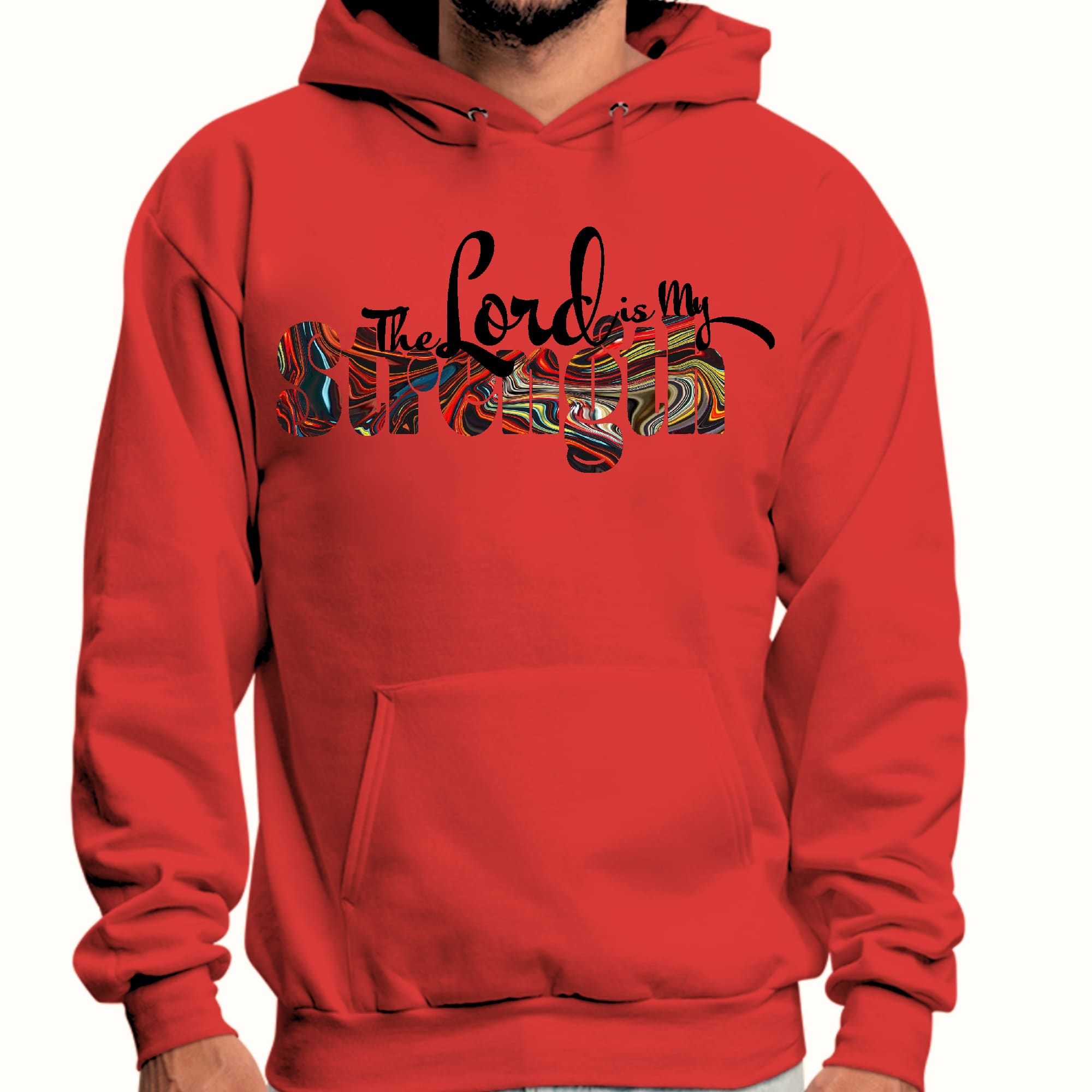 Men's graphic hoodie with 'The Lord is my Strength' multicolor print, featuring a drawstring neckline and long sleeves.