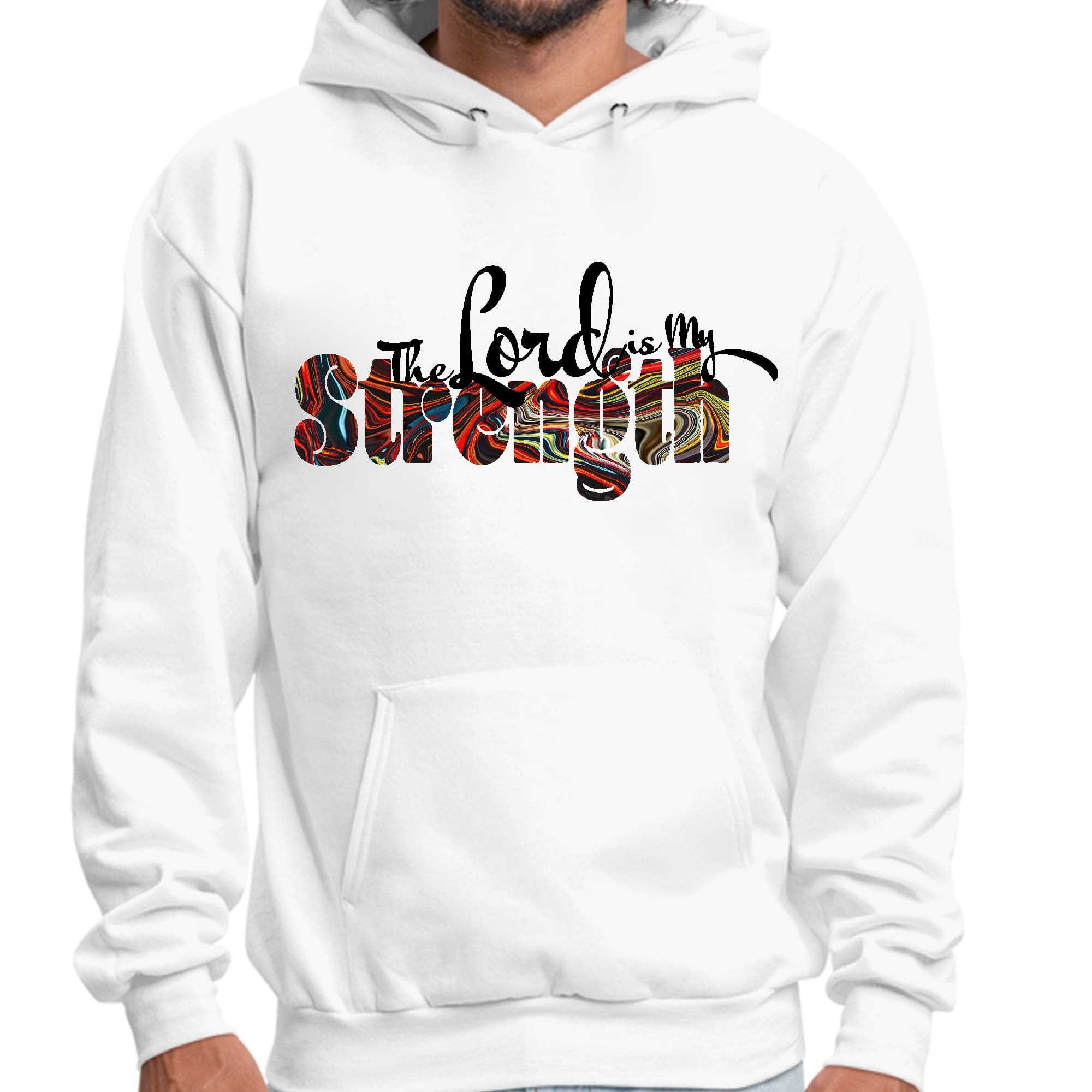 Men's graphic hoodie with 'The Lord is my Strength' multicolor print, featuring a drawstring neckline and long sleeves.