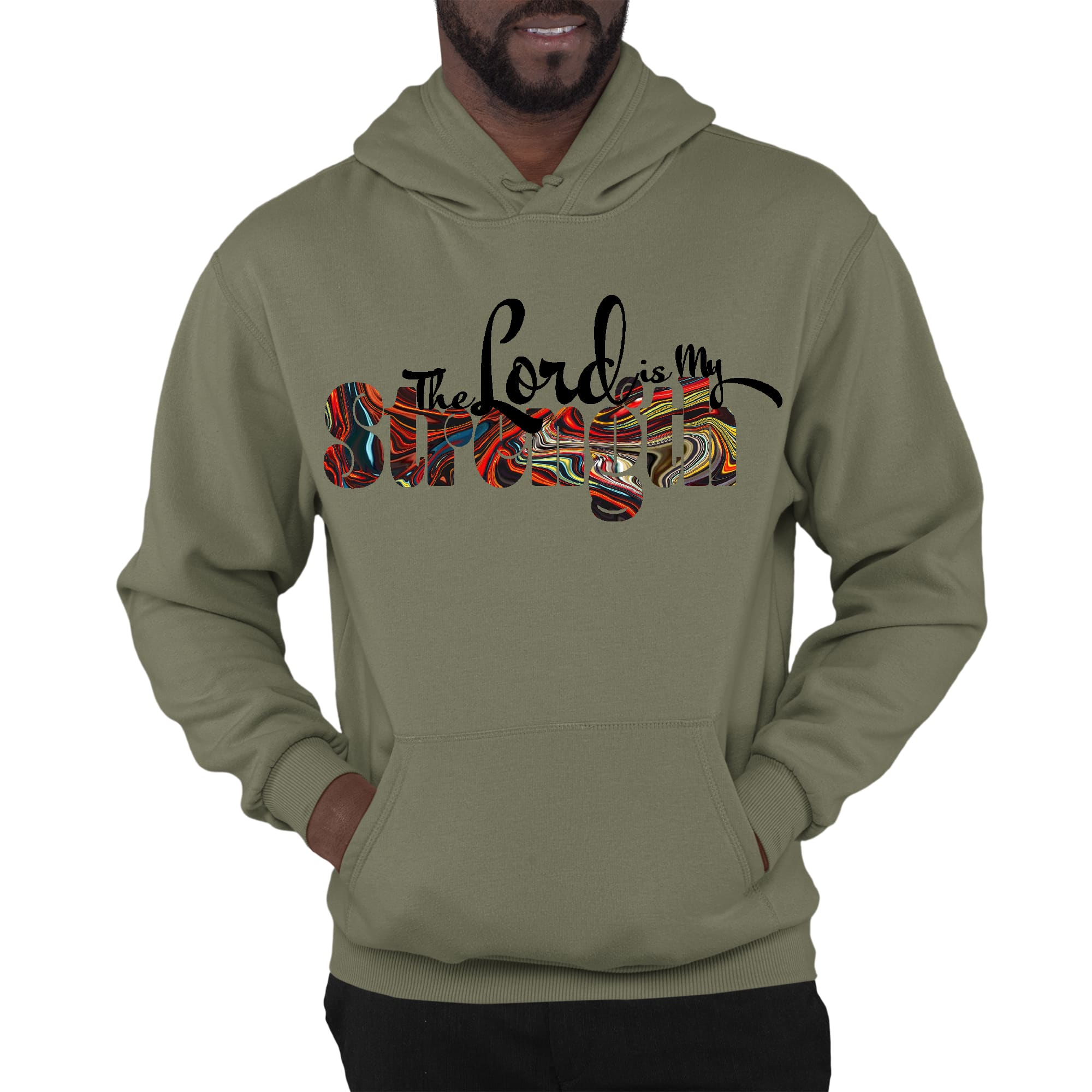 Men's graphic hoodie with 'The Lord is my Strength' multicolor print, featuring a drawstring neckline and long sleeves.