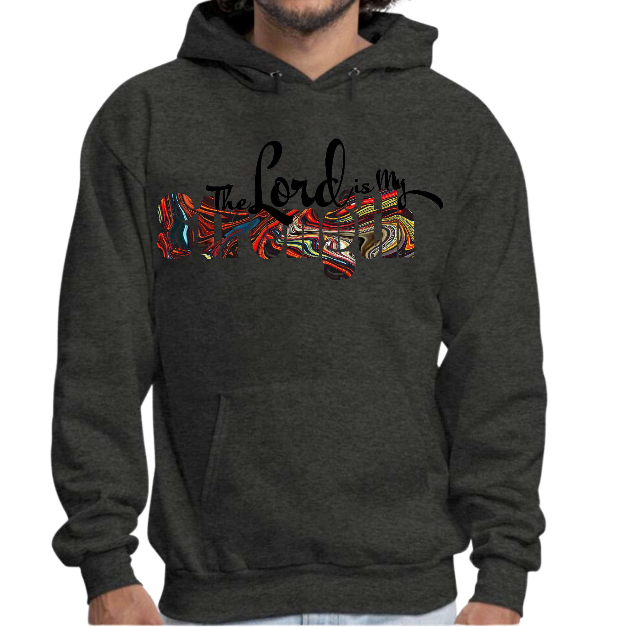 Men's graphic hoodie with 'The Lord is my Strength' multicolor print, featuring a drawstring neckline and long sleeves.