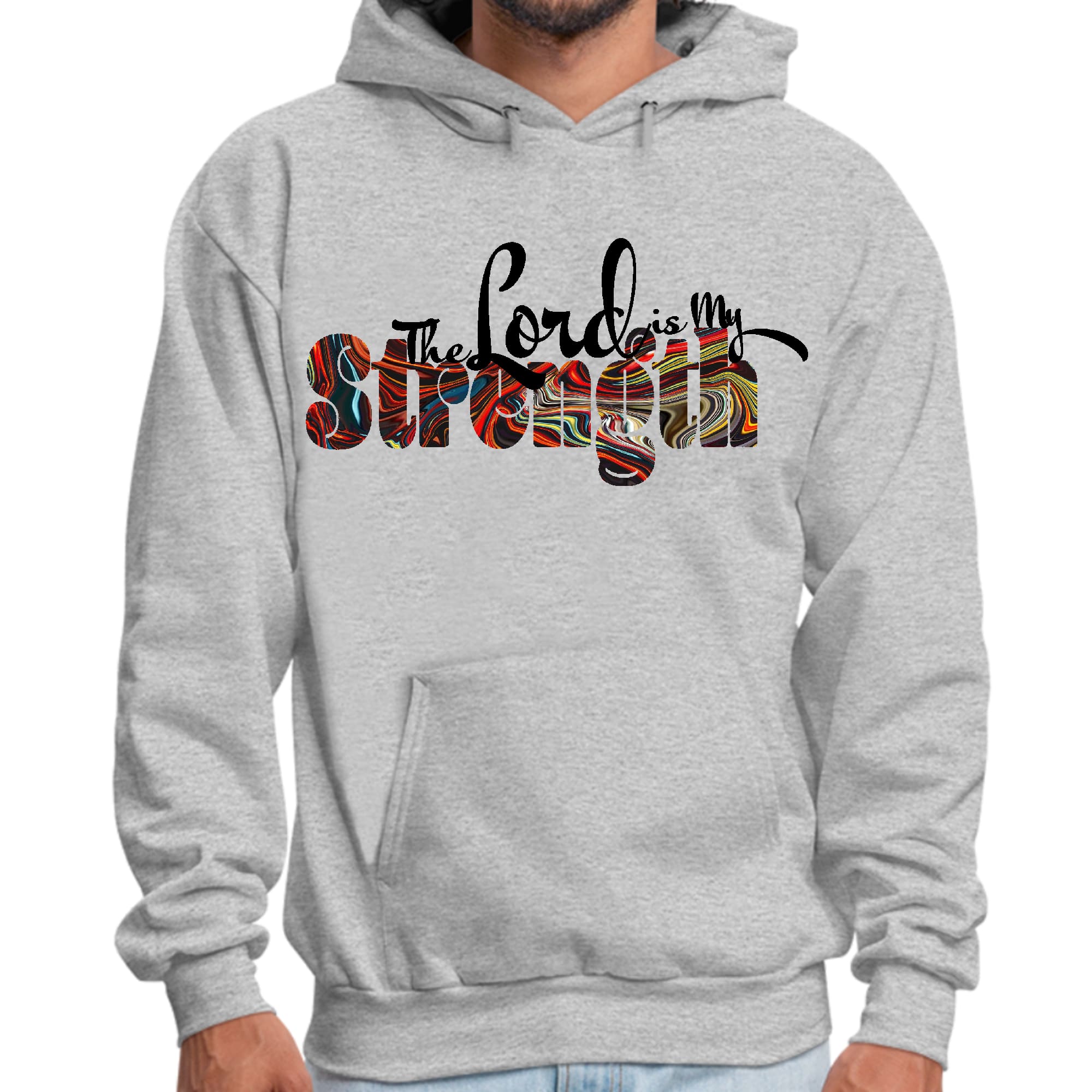 Men's graphic hoodie with 'The Lord is my Strength' multicolor print, featuring a drawstring neckline and long sleeves.