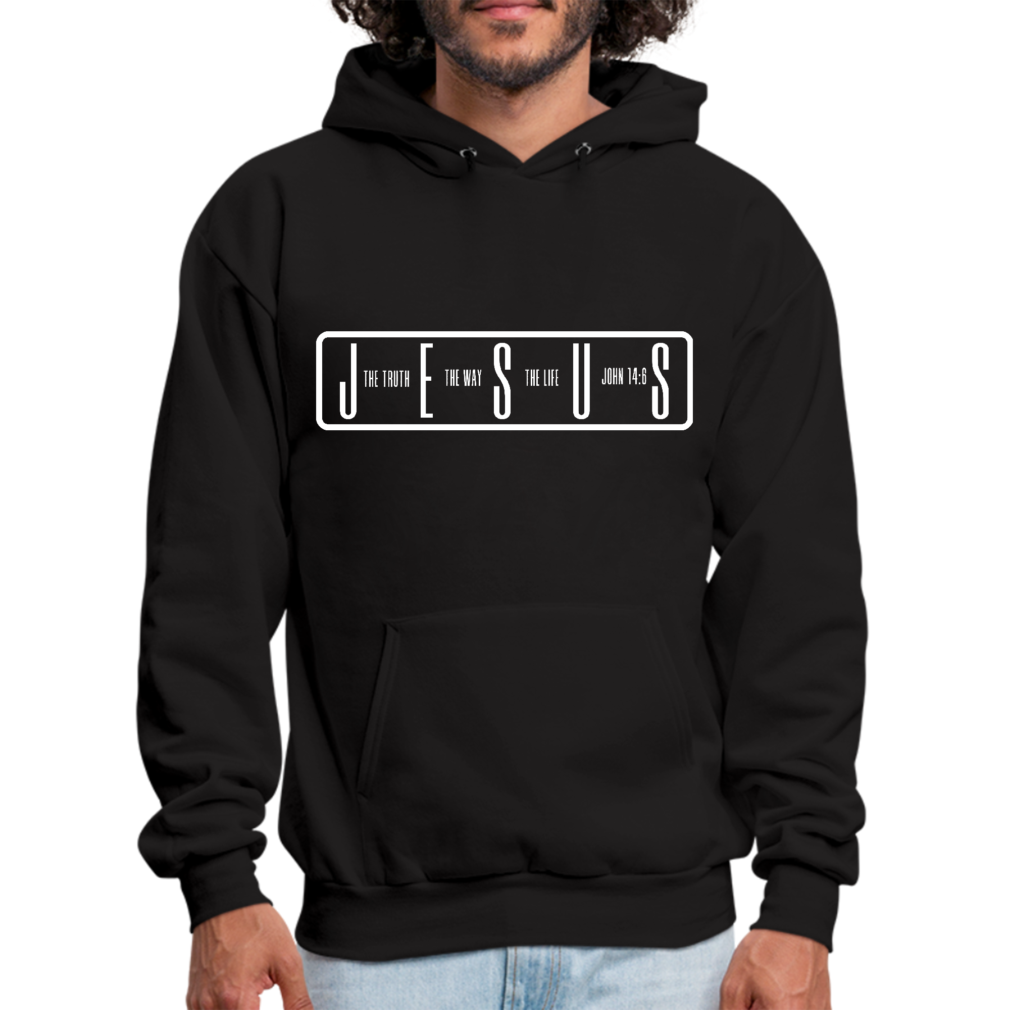 Men's Graphic Hoodie featuring 'The Truth The Way The Life' Bible verse design, showcasing a comfortable fit and stylish look.