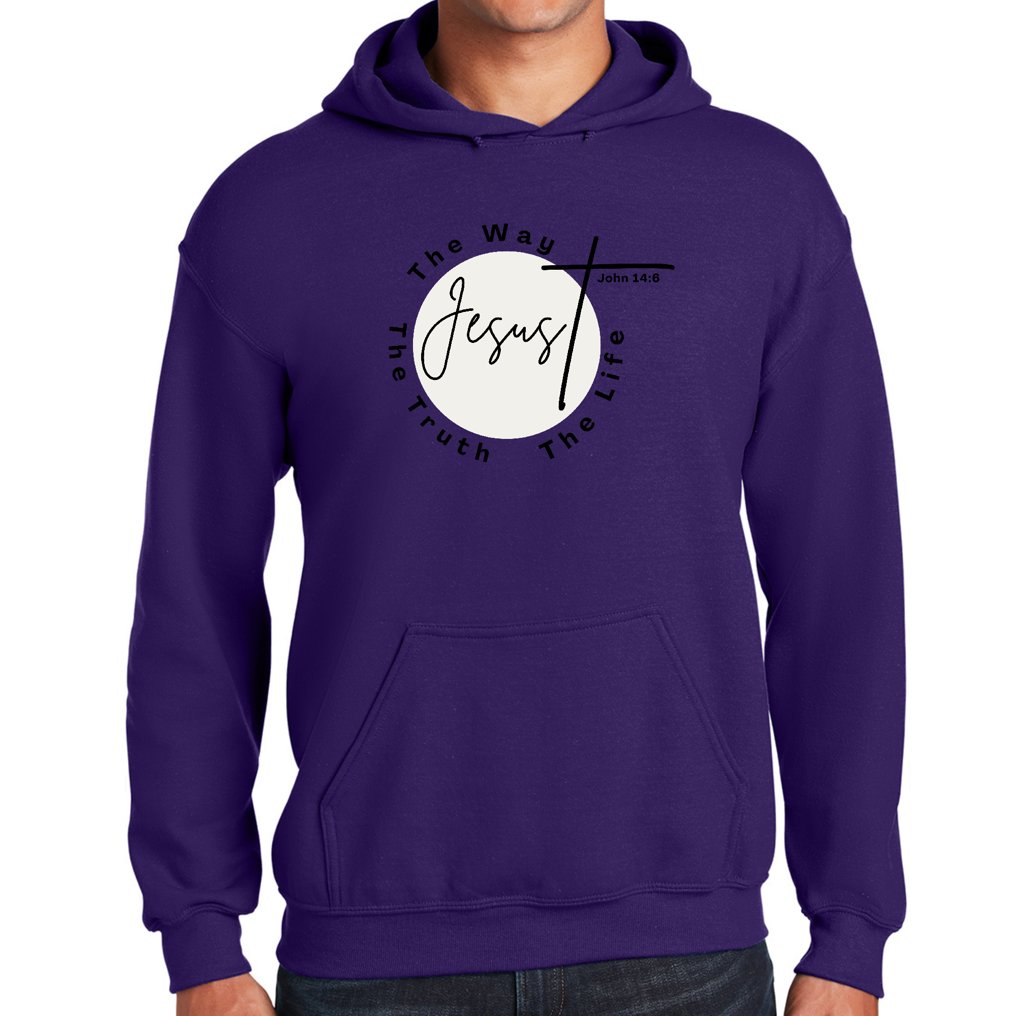 Mens Graphic Hoodie featuring the phrase 'The Truth, The Way, The Life' in a stylish black design, perfect for casual wear.