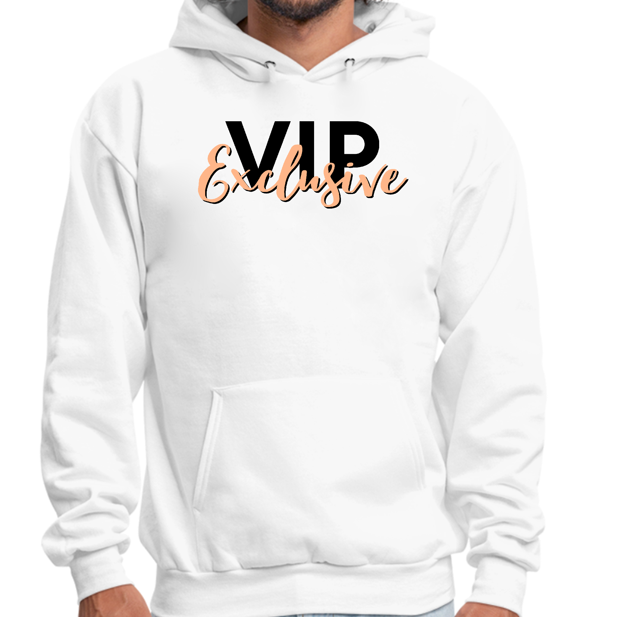 Mens Graphic Hoodie in Black and Beige featuring affirmation design, showcasing soft fabric and drawstring neckline.