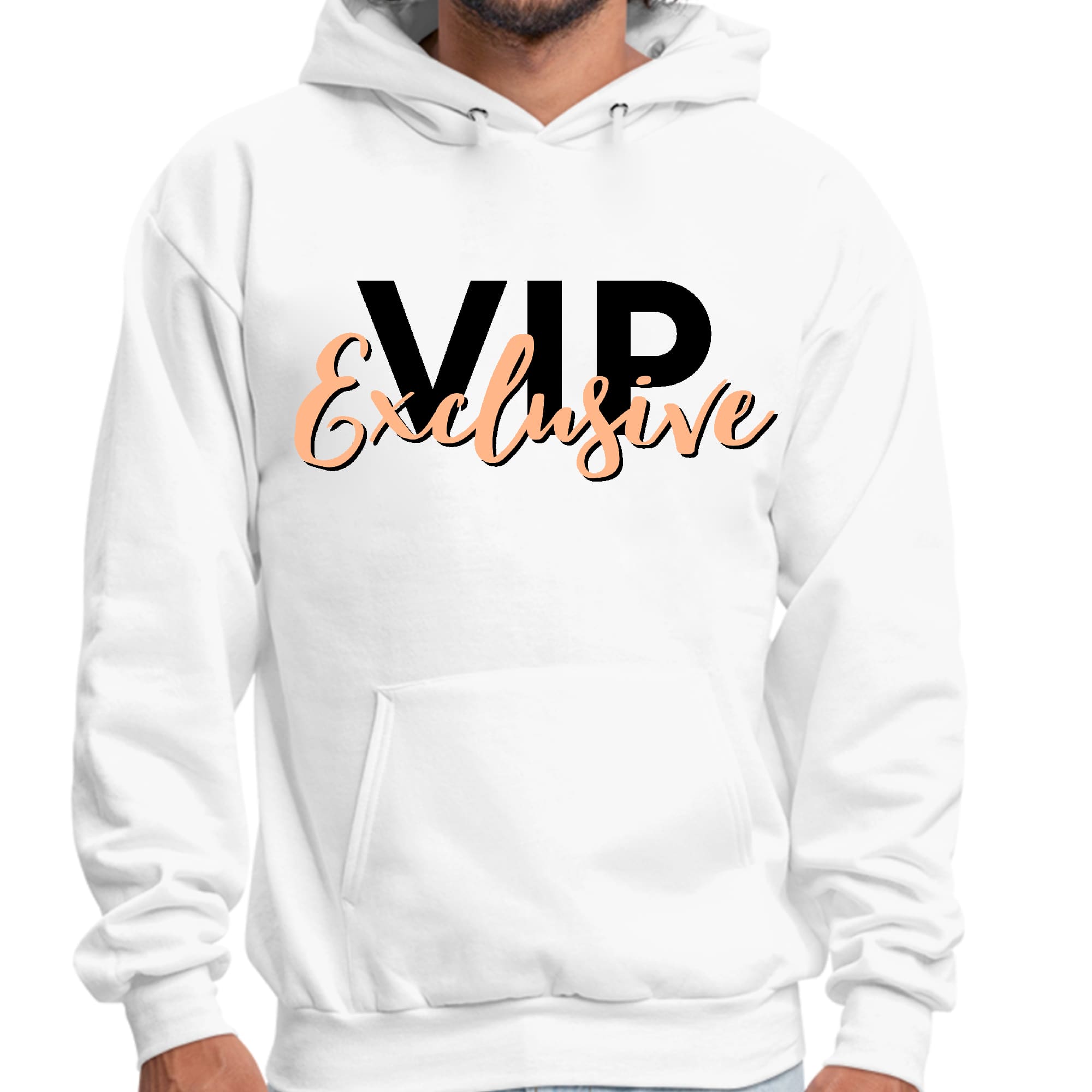 Mens Graphic Hoodie in Black and Beige featuring affirmation design, showcasing soft fabric and drawstring neckline.