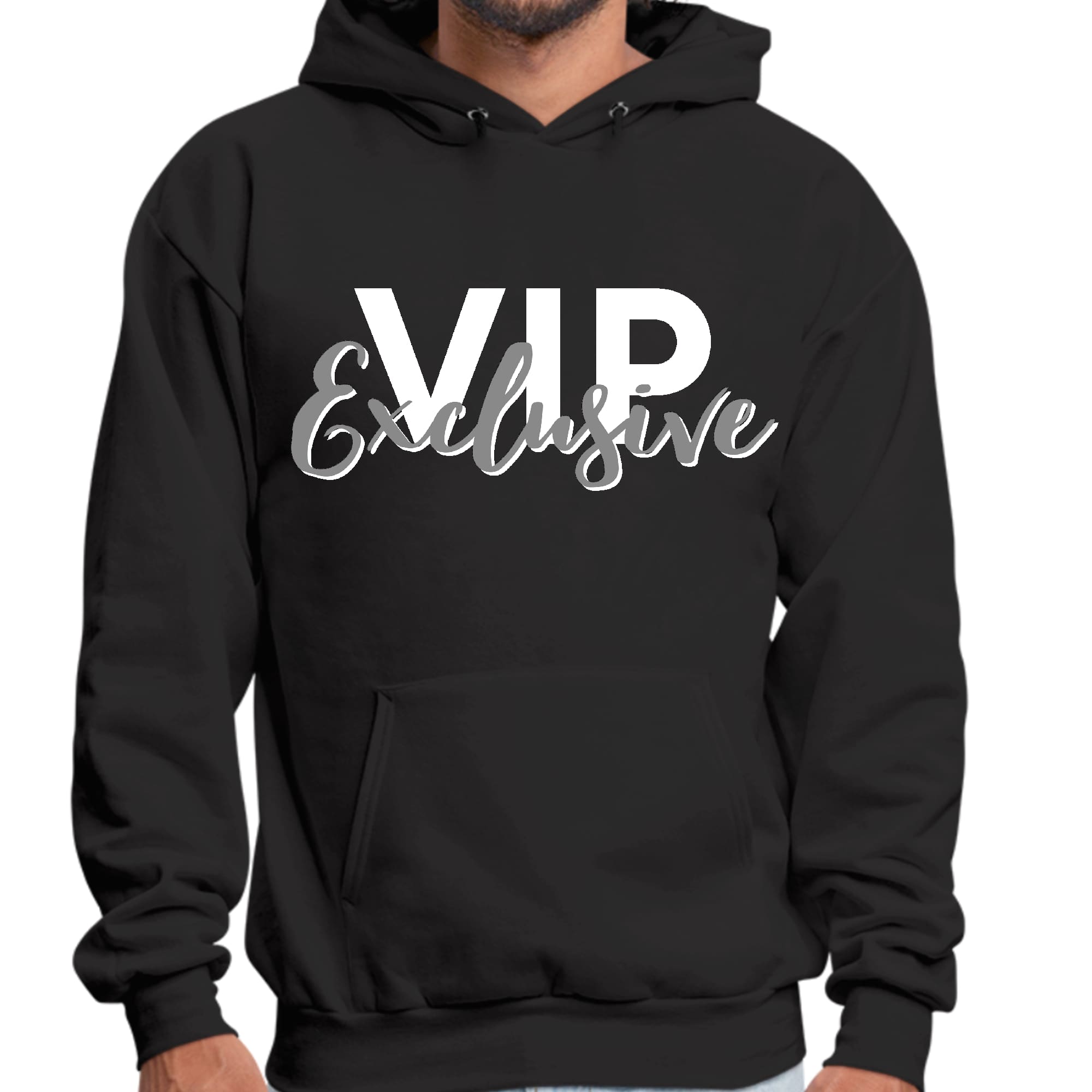 Mens Graphic Hoodie in Grey and White featuring affirmation design, showcasing drawstring neckline and long sleeves.