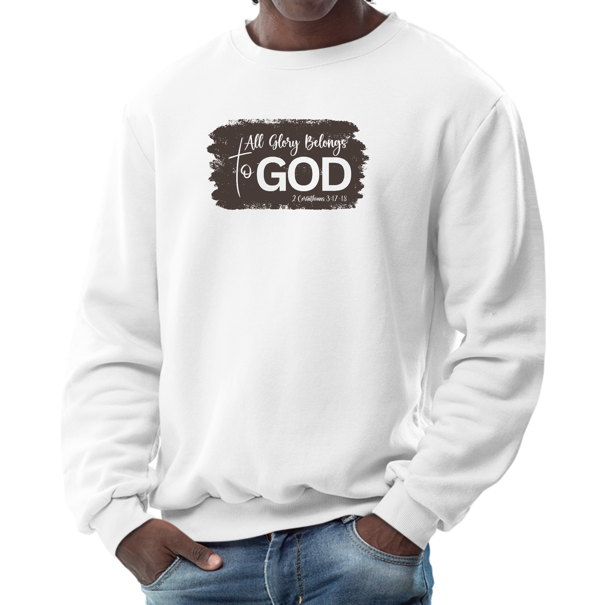 Men's brown graphic sweatshirt featuring 'All Glory Belongs to God' illustration, designed for comfort and style.