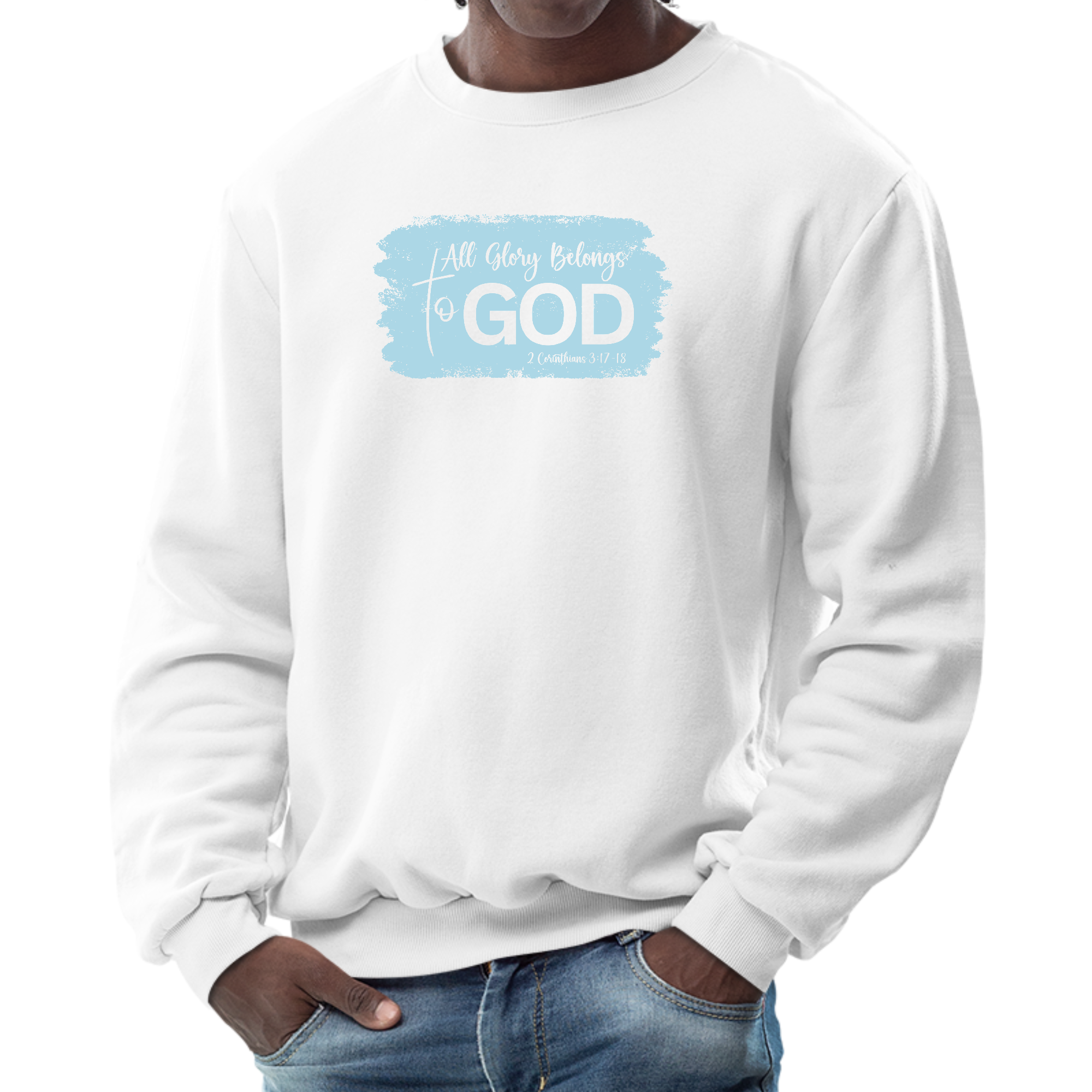Light blue men's graphic sweatshirt featuring 'All Glory Belongs to God' illustration, showcasing a comfortable crewneck design.